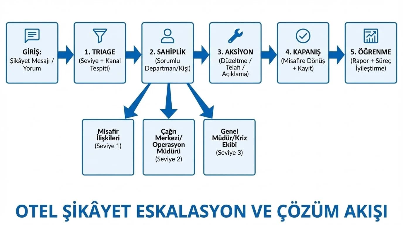 Şikâyet eskalasyon akışını ve departman devrini gösteren otel diyagramı
