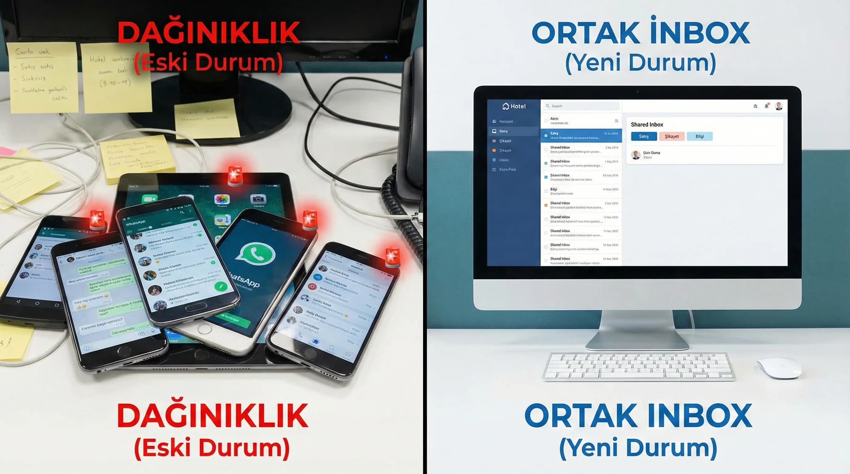 Instagram DM WhatsApp web chat OTA mesajlarını tek inbox’ta toplayan otel görseli