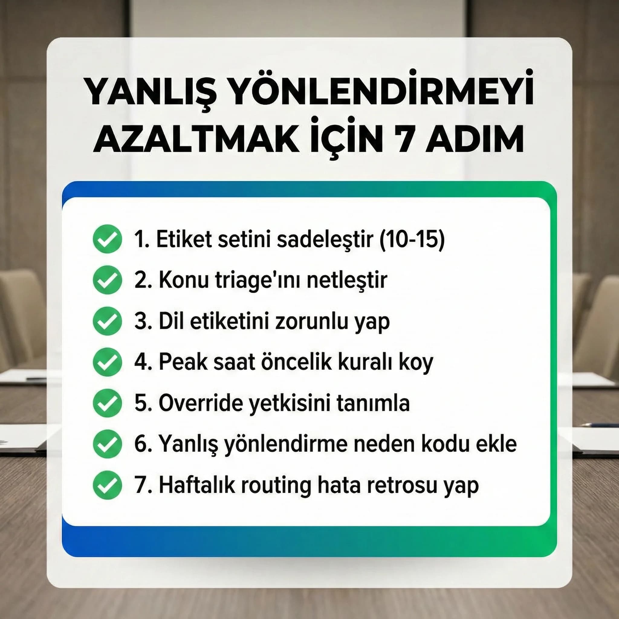 Yanlış yönlendirmeyi azaltmak için yedi adımı özetleyen otel kontrol kartı