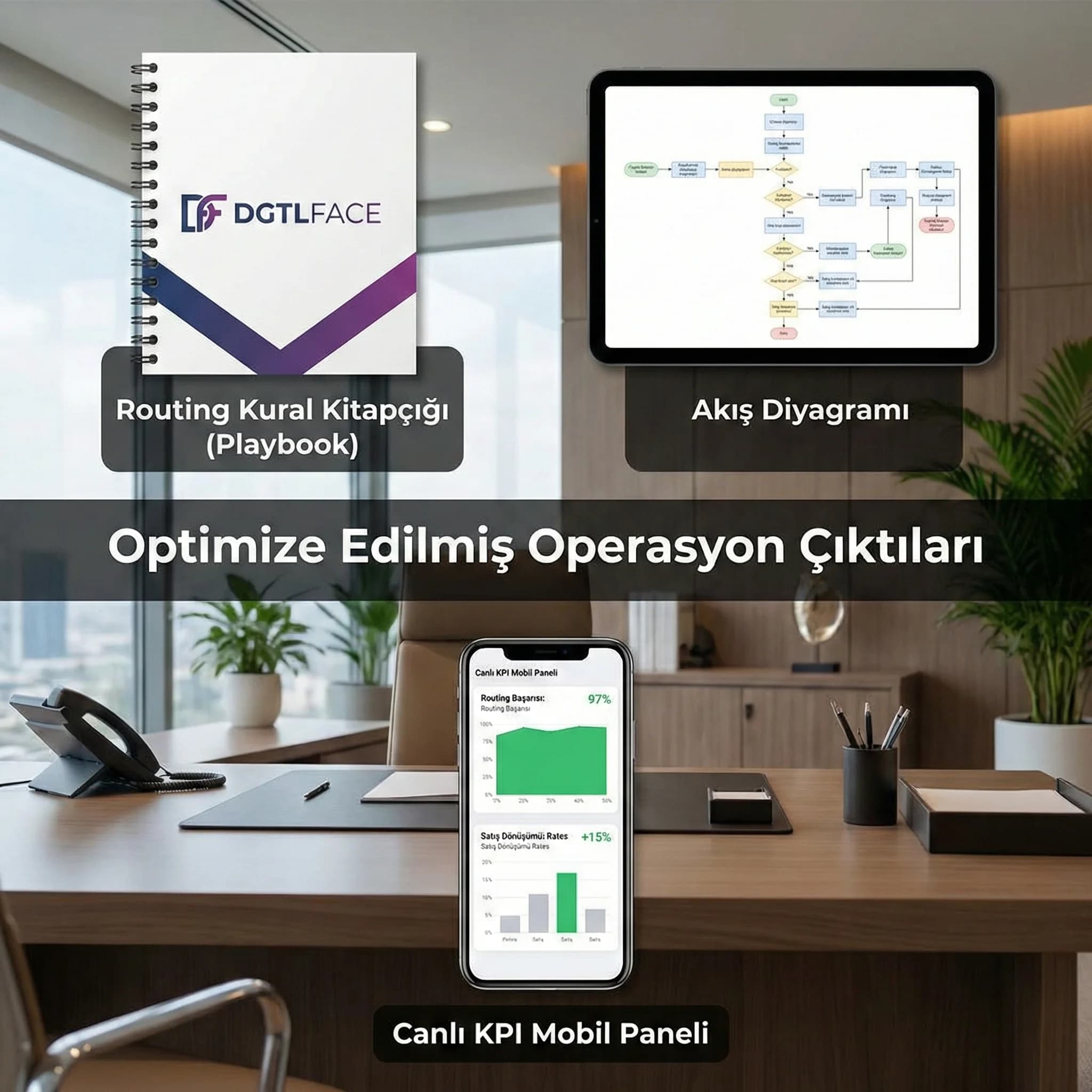 Routing tablosu akış diyagramı ve KPI paneli çıktılarıyla güven sağlayan otel kanıt kartı