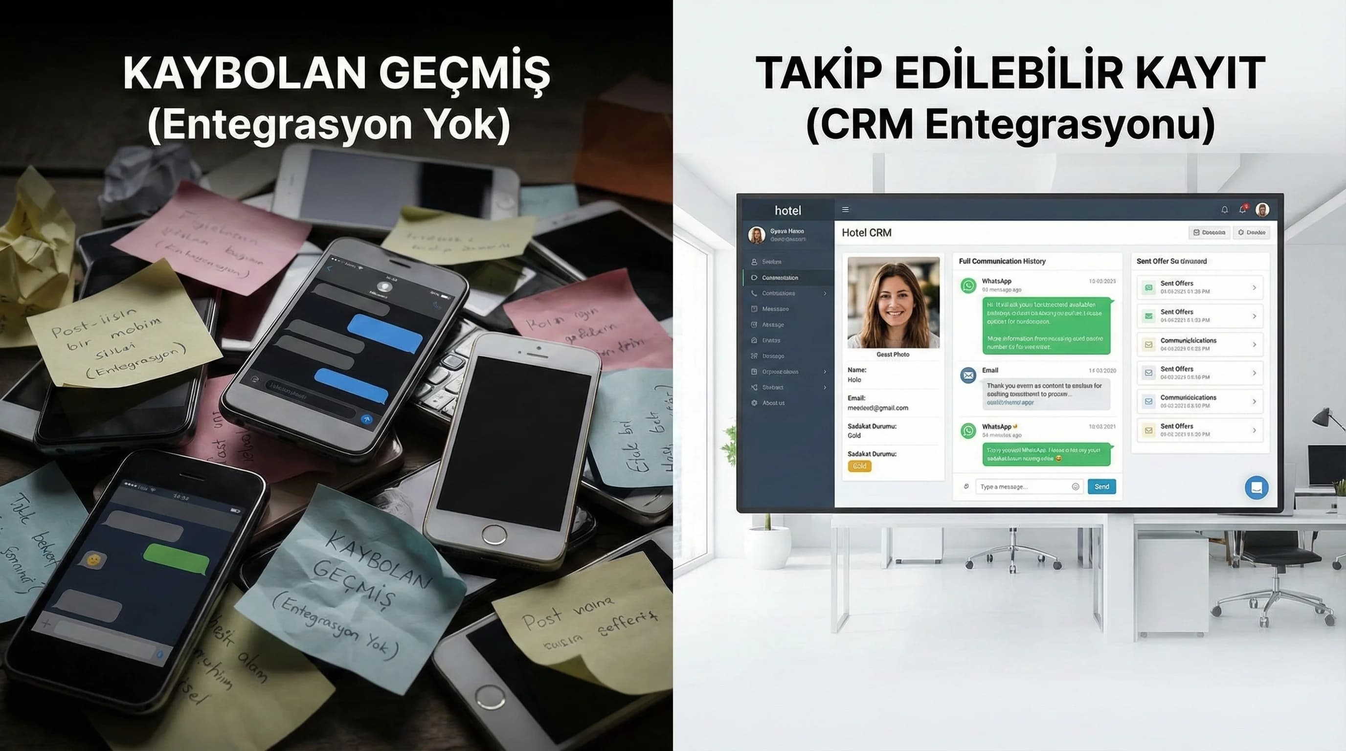 Mesajdan kaybolan sohbetten takip edilebilir CRM kaydına geçiş görseli