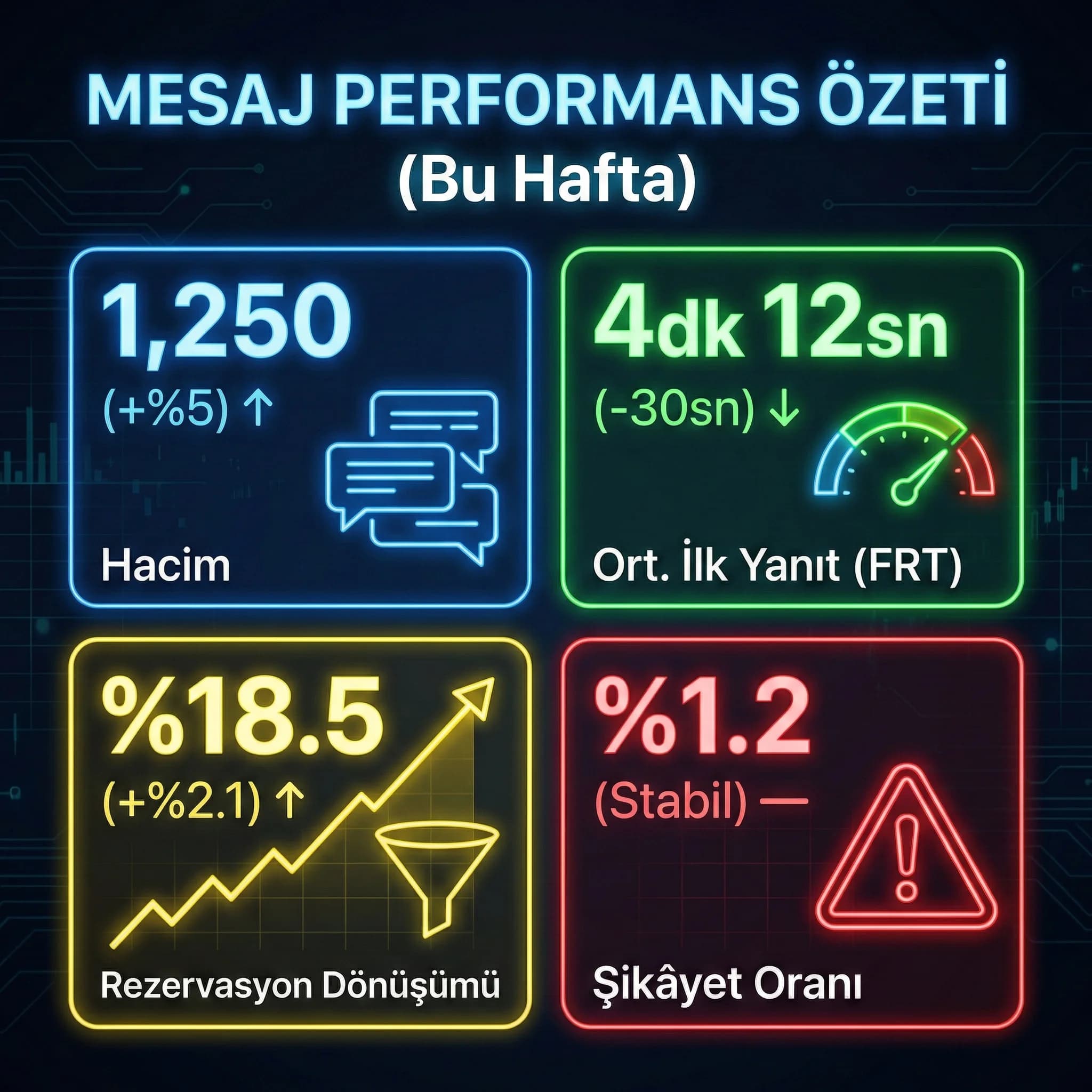 Mesaj hacmi cevap süresi dönüşüm ve şikâyet KPI’larını gösteren skor kartı