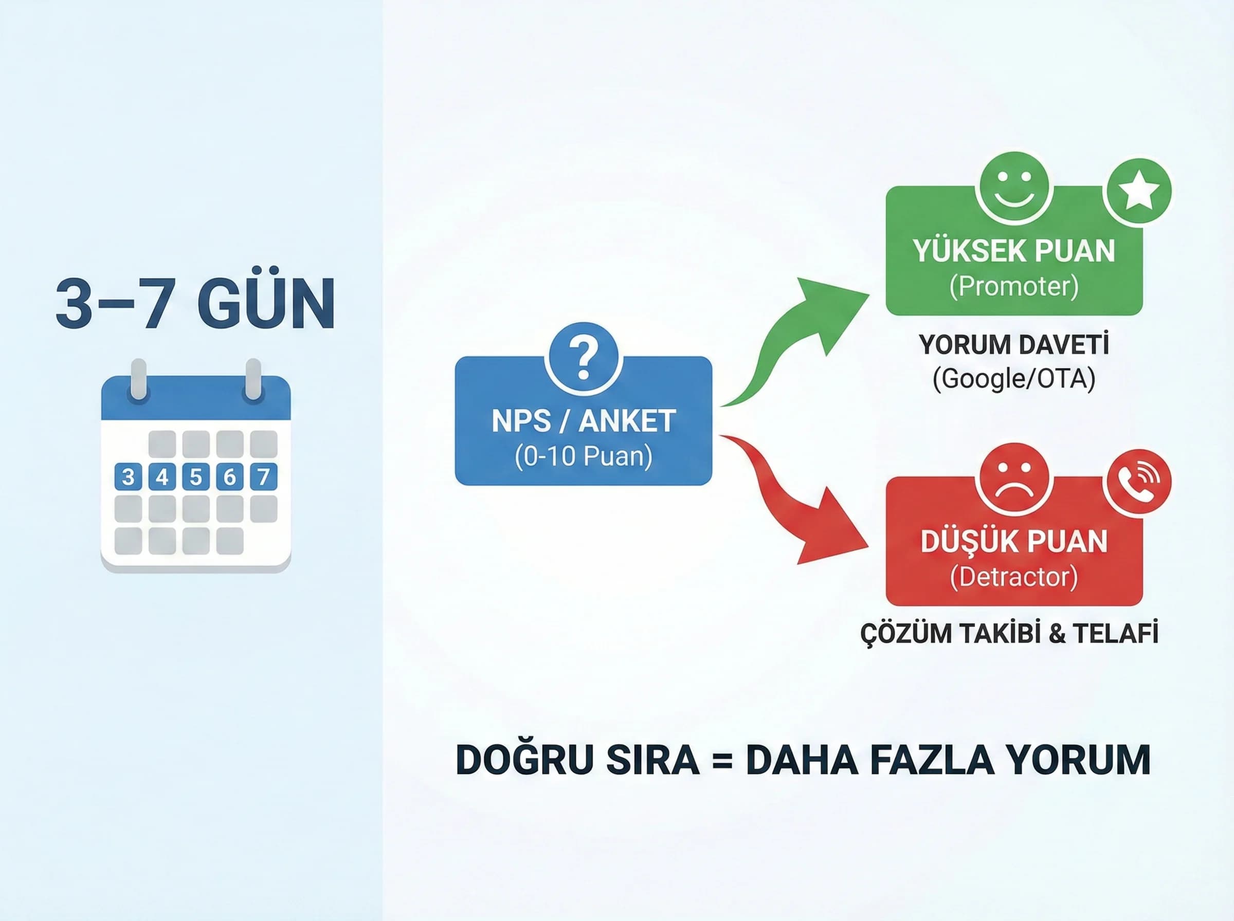 3–7 gün NPS ve yorum daveti bölümü amacı doğru sıra otel bağlamı