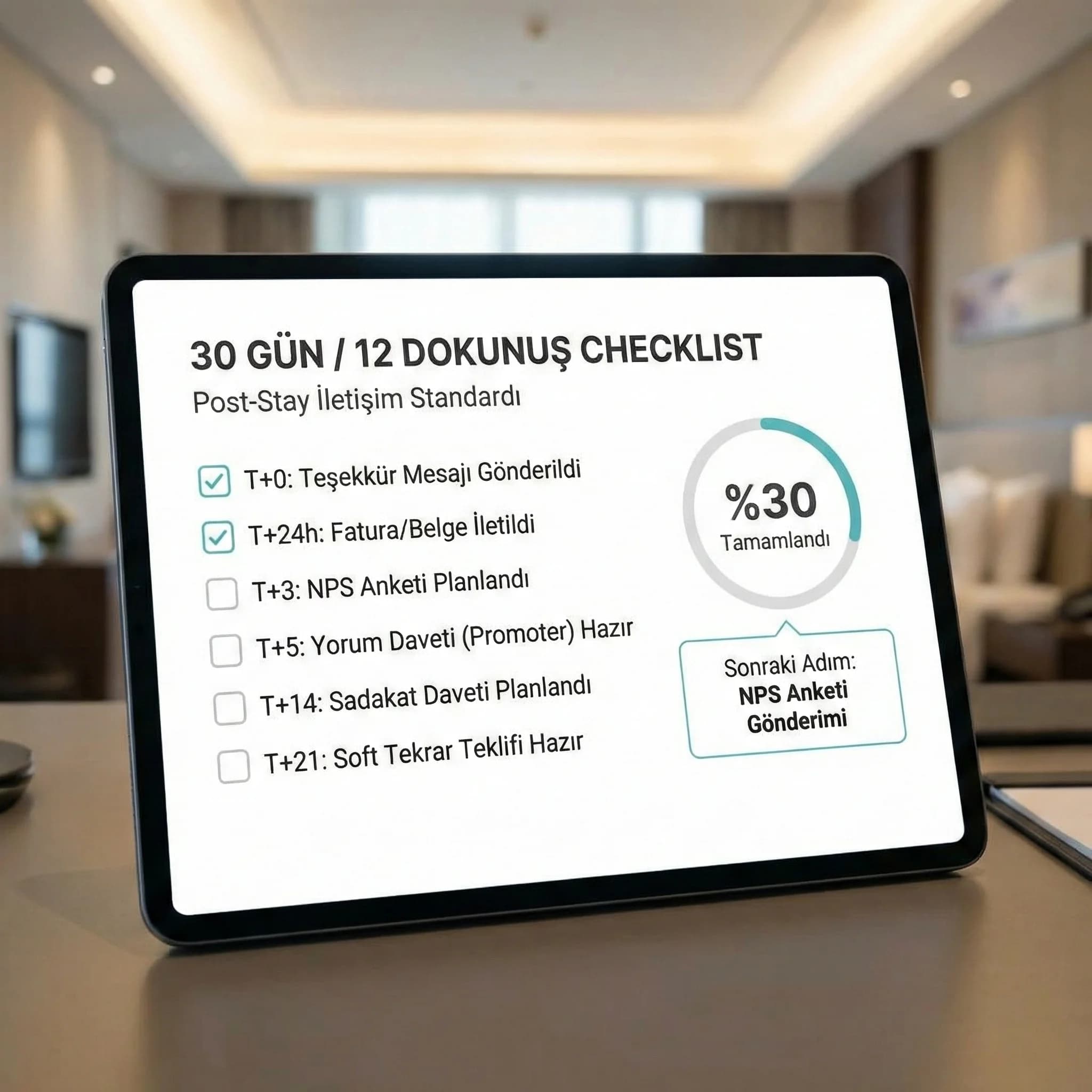 12 dokunuş checklisti amacı post-stay iletişim standardı otel bağlamı