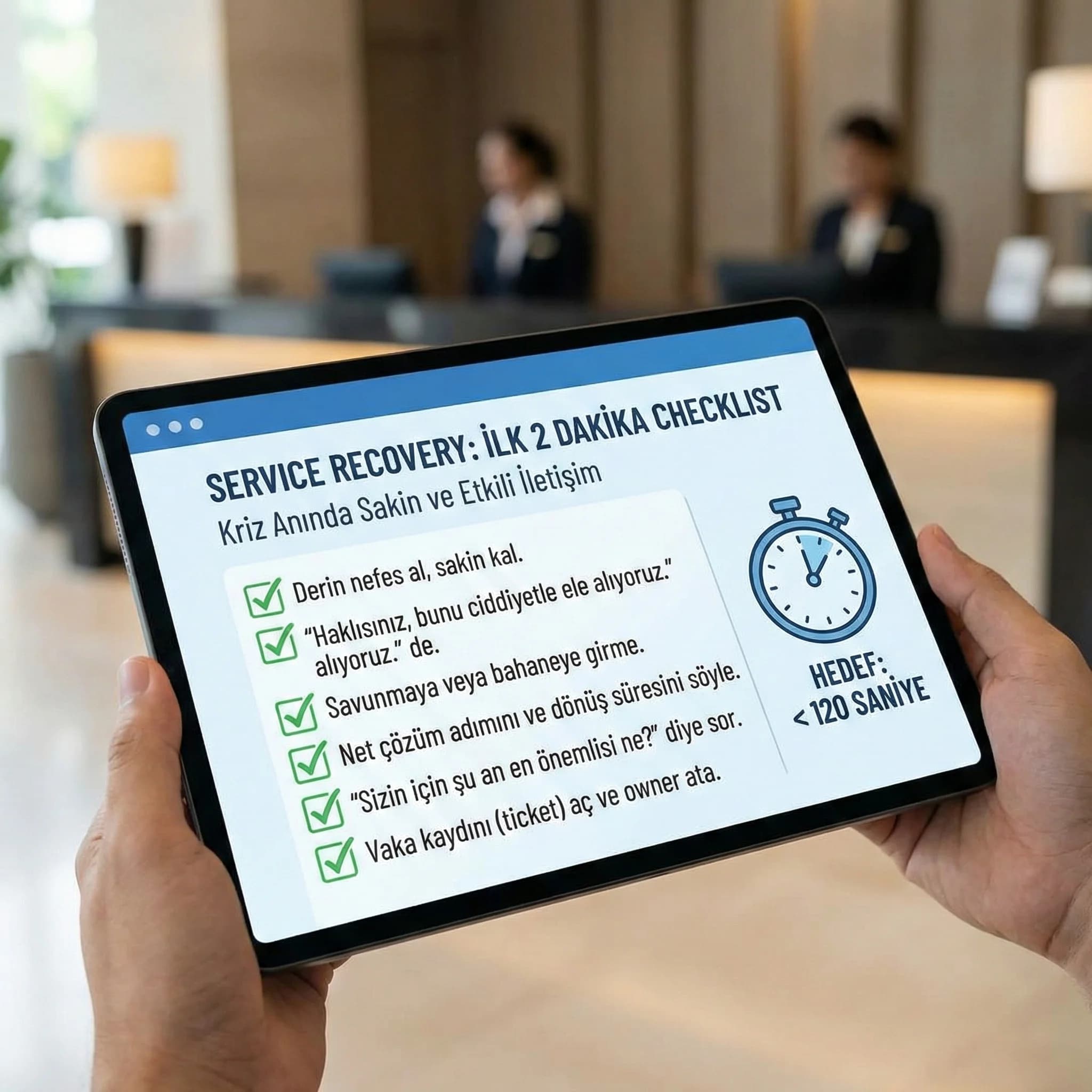 Recovery ilk 2 dakika checklisti amacı sakin iletişim ve plan otel bağlamı