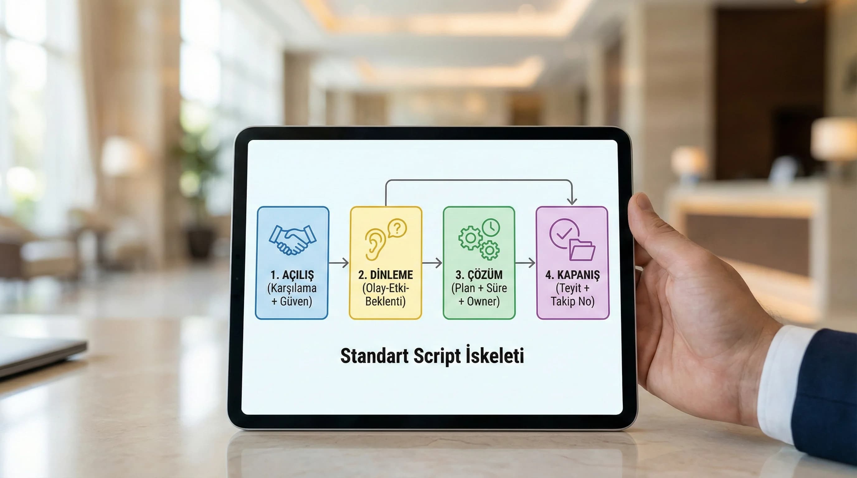 4 adımlı script yapısı amacı açılış dinleme çözüm kapanış otel bağlamı