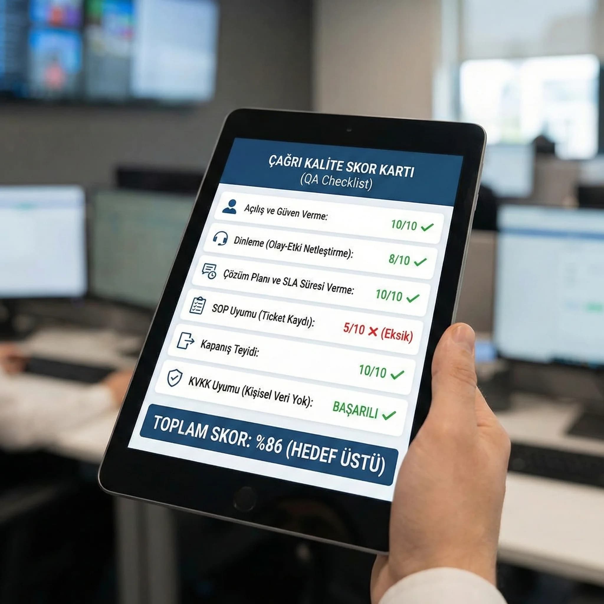 QA skor kartı checklisti amacı script uyumu ölçümü otel bağlamı