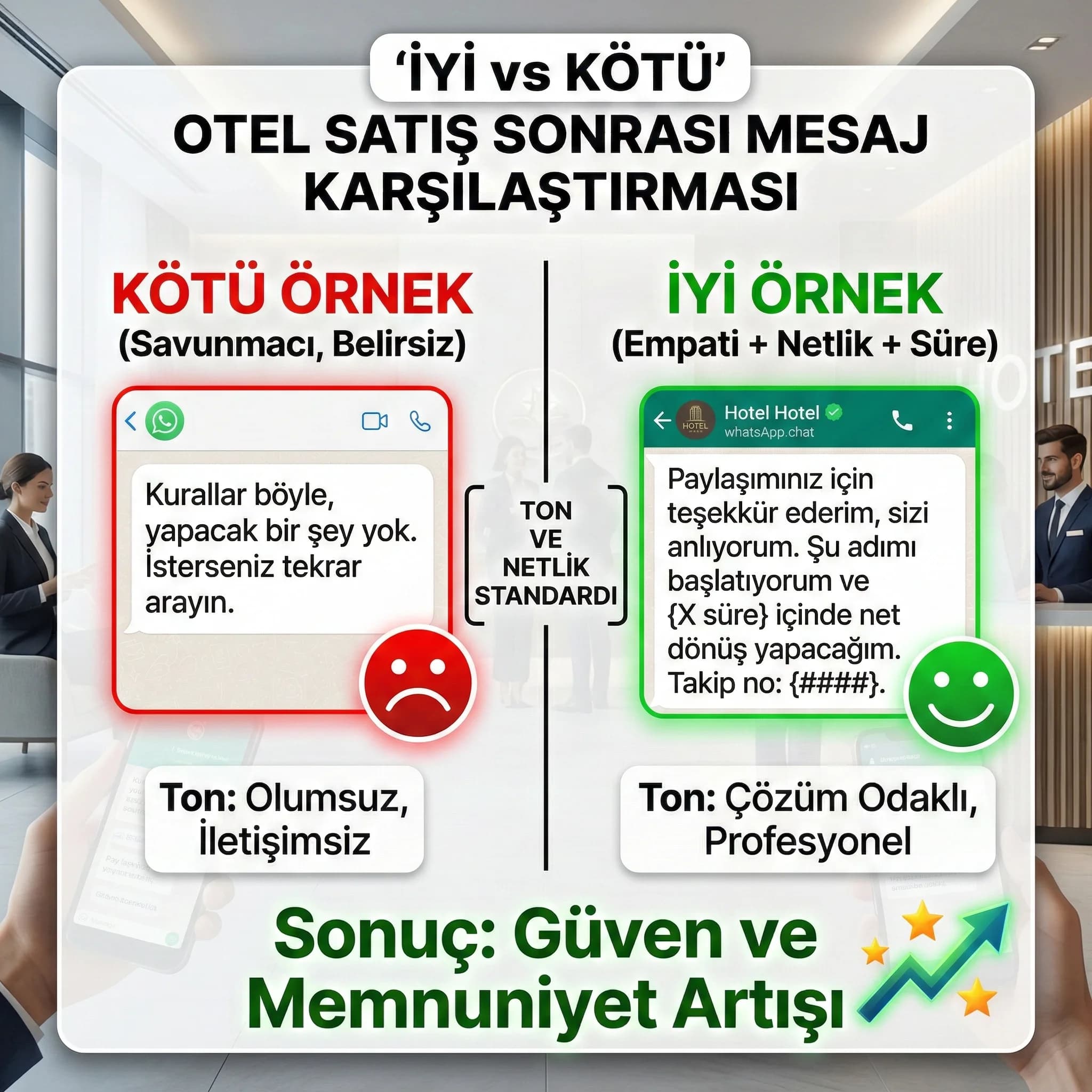 İyi kötü metin karşılaştırması amacı ton ve netlik standardı otel bağlamı