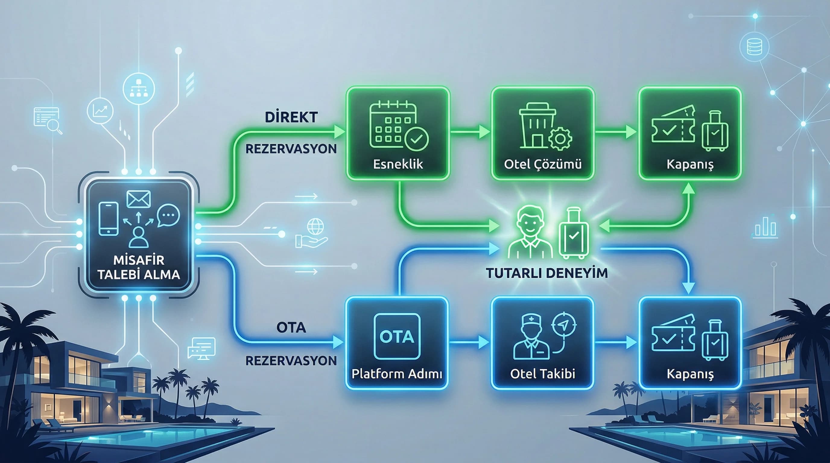 Kanal bazlı satış sonrası akış diyagramı amacı OTA ve direct süreç uyumu