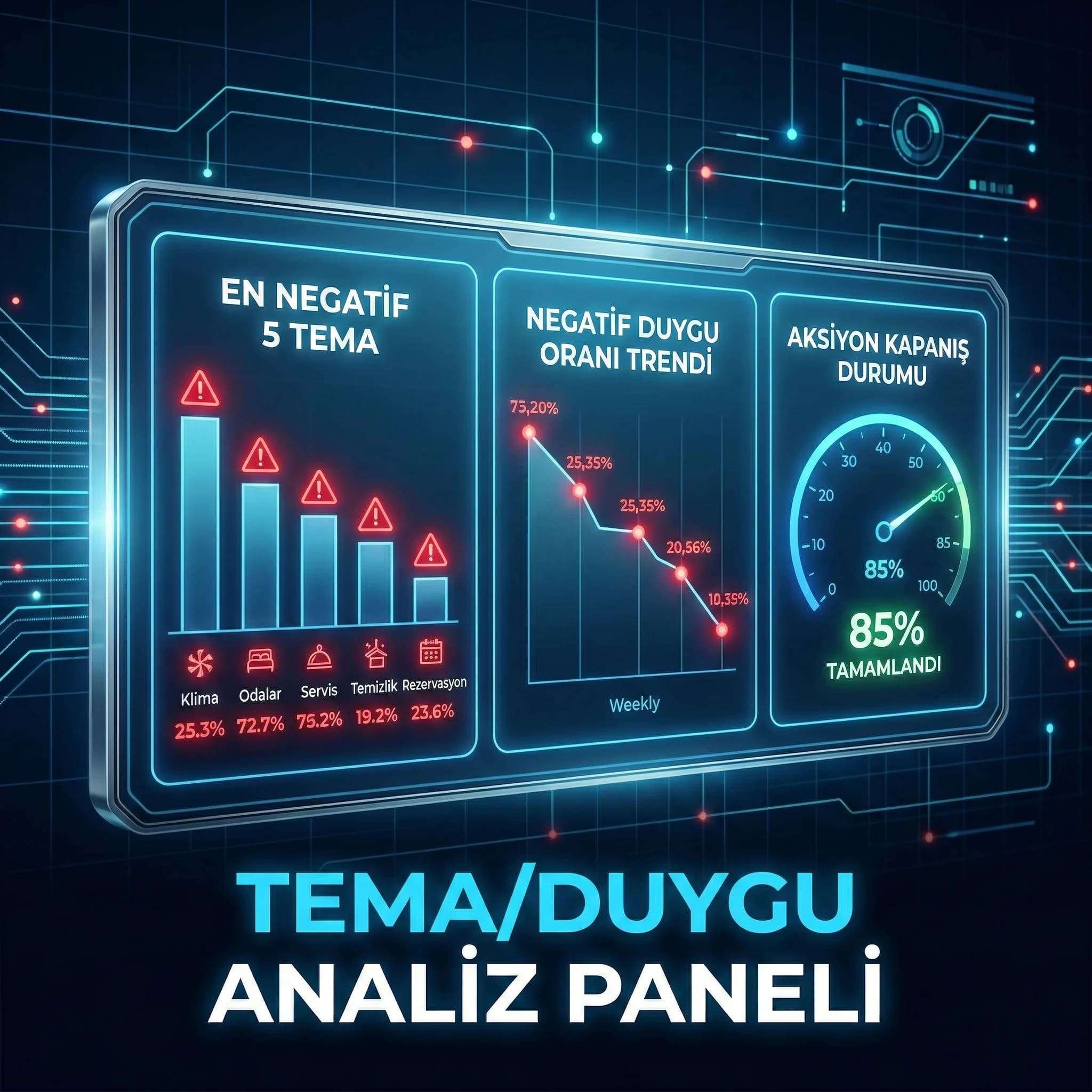 Tema ve duygu KPI kartı amacı en negatif 5 temayı izleme otel bağlamı