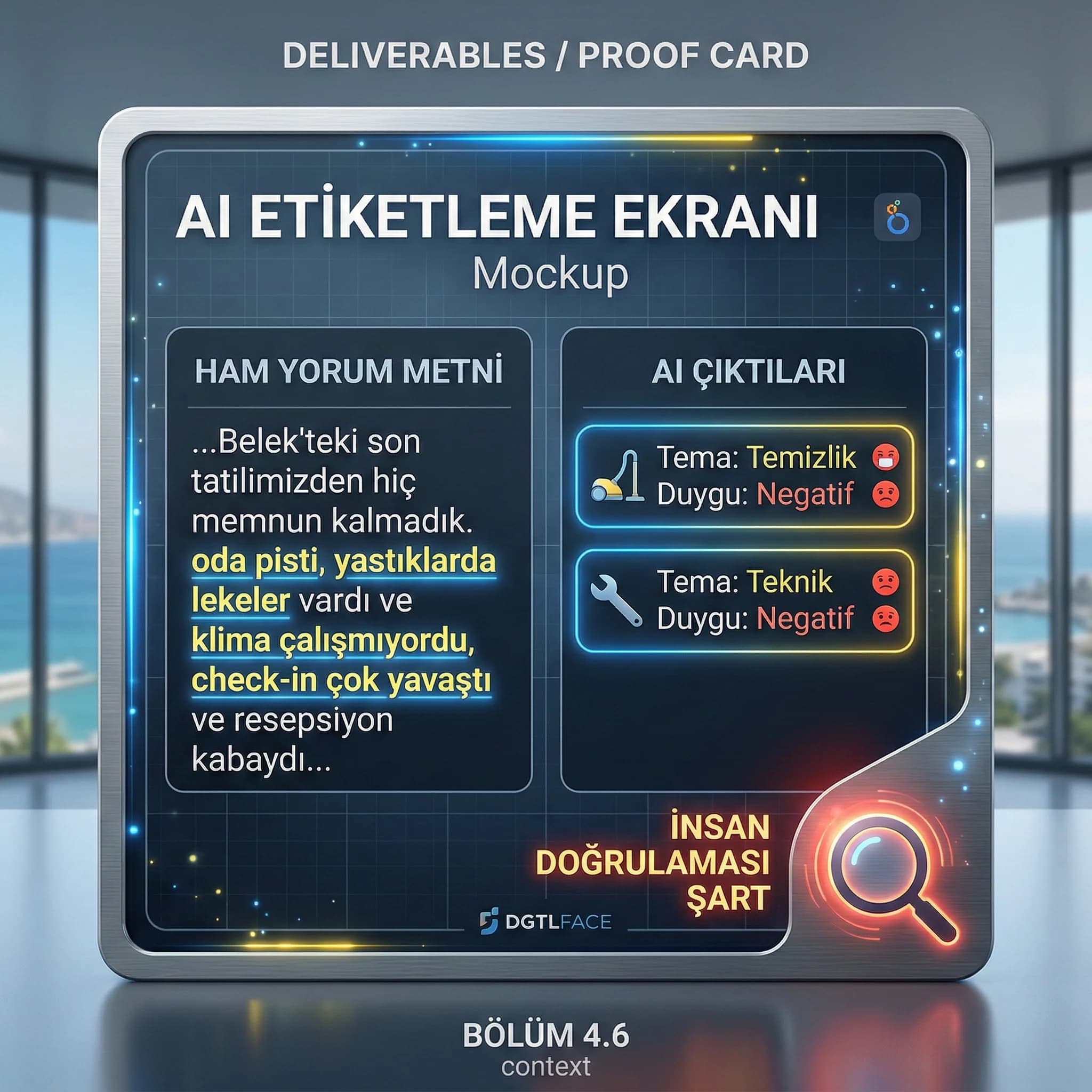 AI etiketleme ekranı mockup amacı yorumları otomatik tema etiketleme otel bağlamı