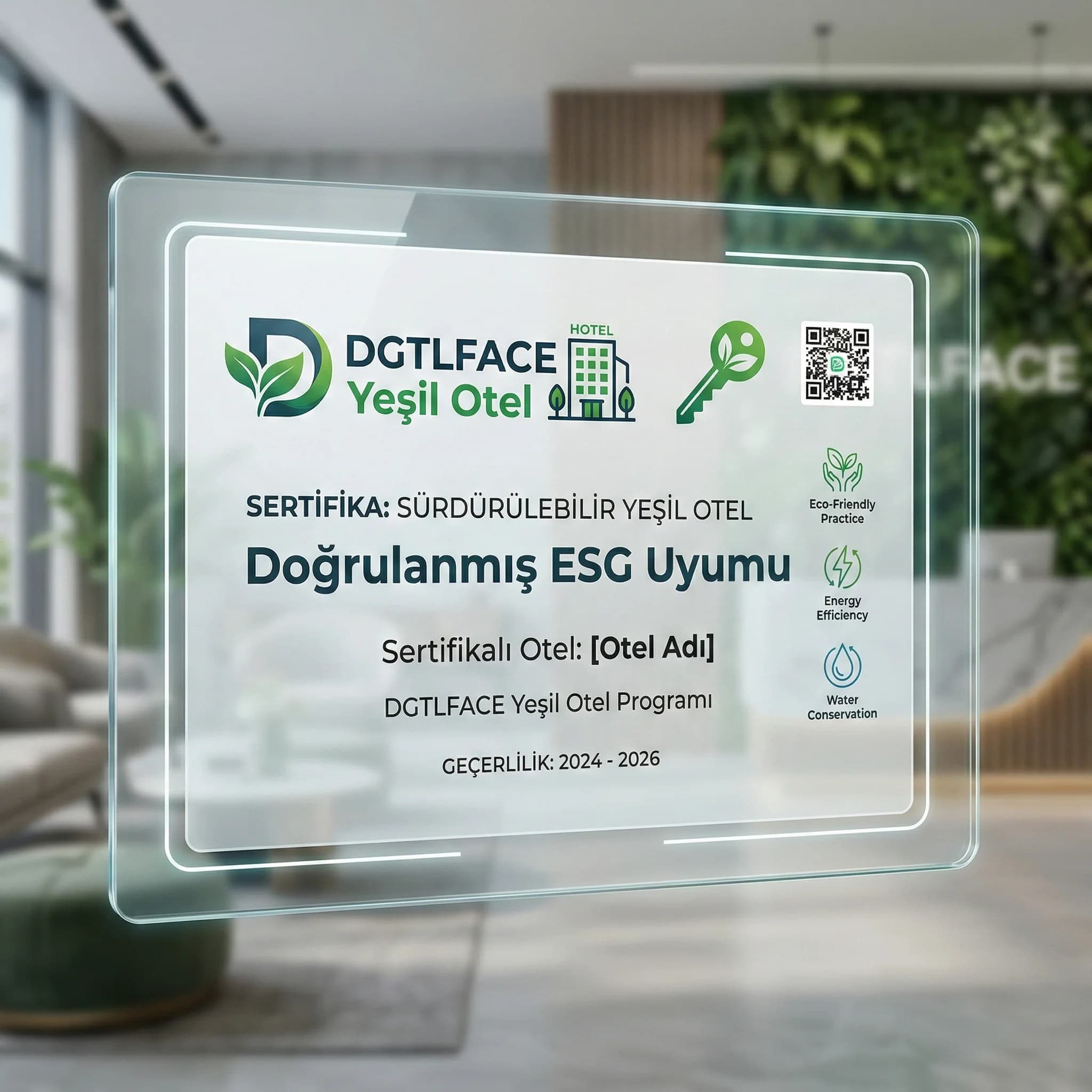 Sertifika logoları mockup amacı doğrulanabilir ESG iletişimi otel bağlamı