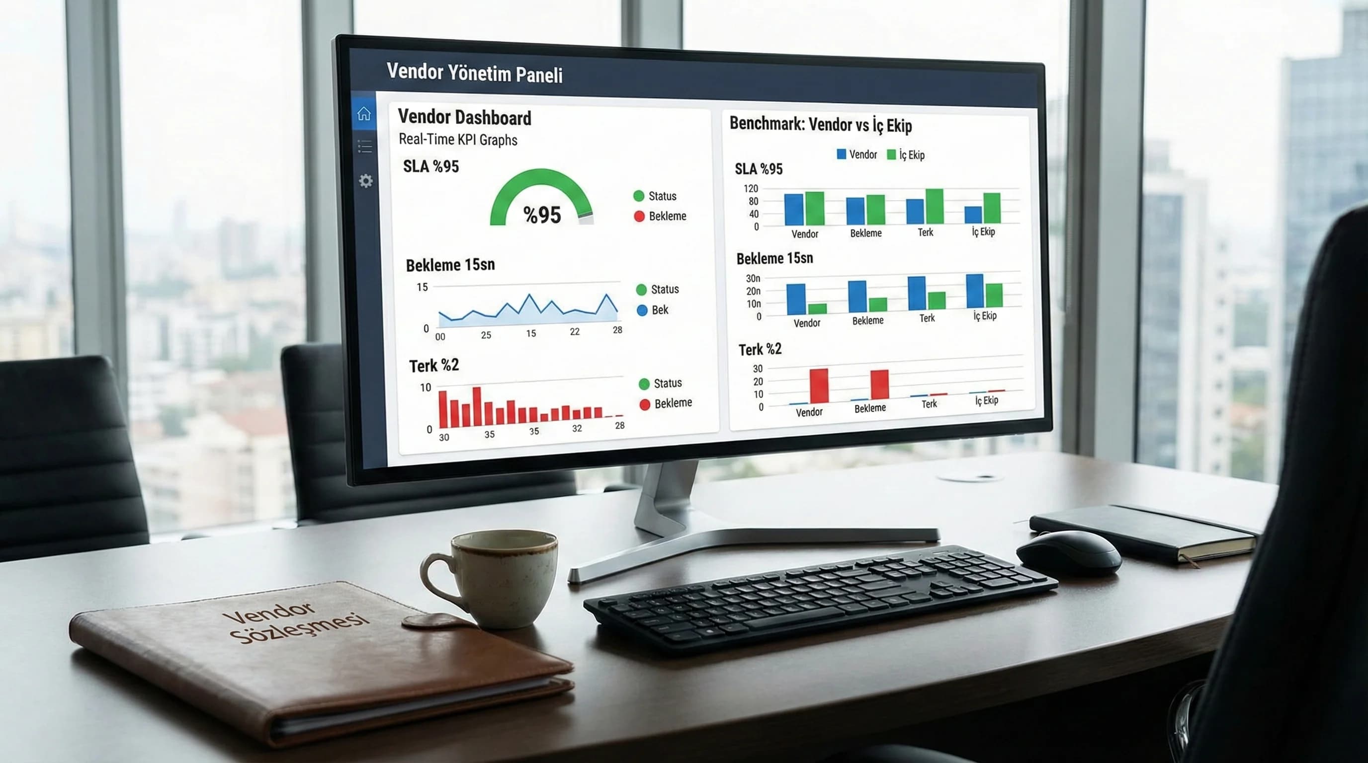 Vendor dashboard ve iç ekip benchmark kıyası, otel çağrı merkezi performans görünümü