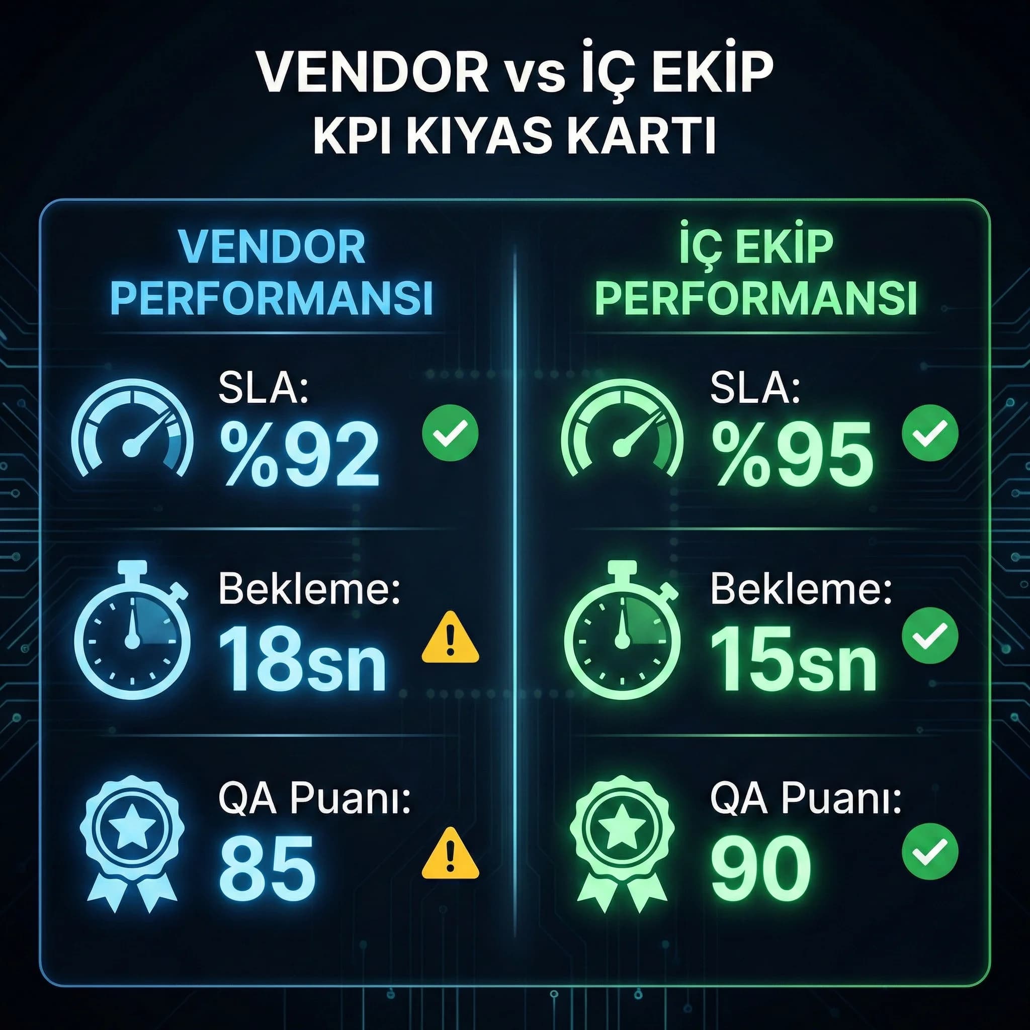 Vendor ve iç ekip KPI kıyas kartı, otel bazlı benchmark panel