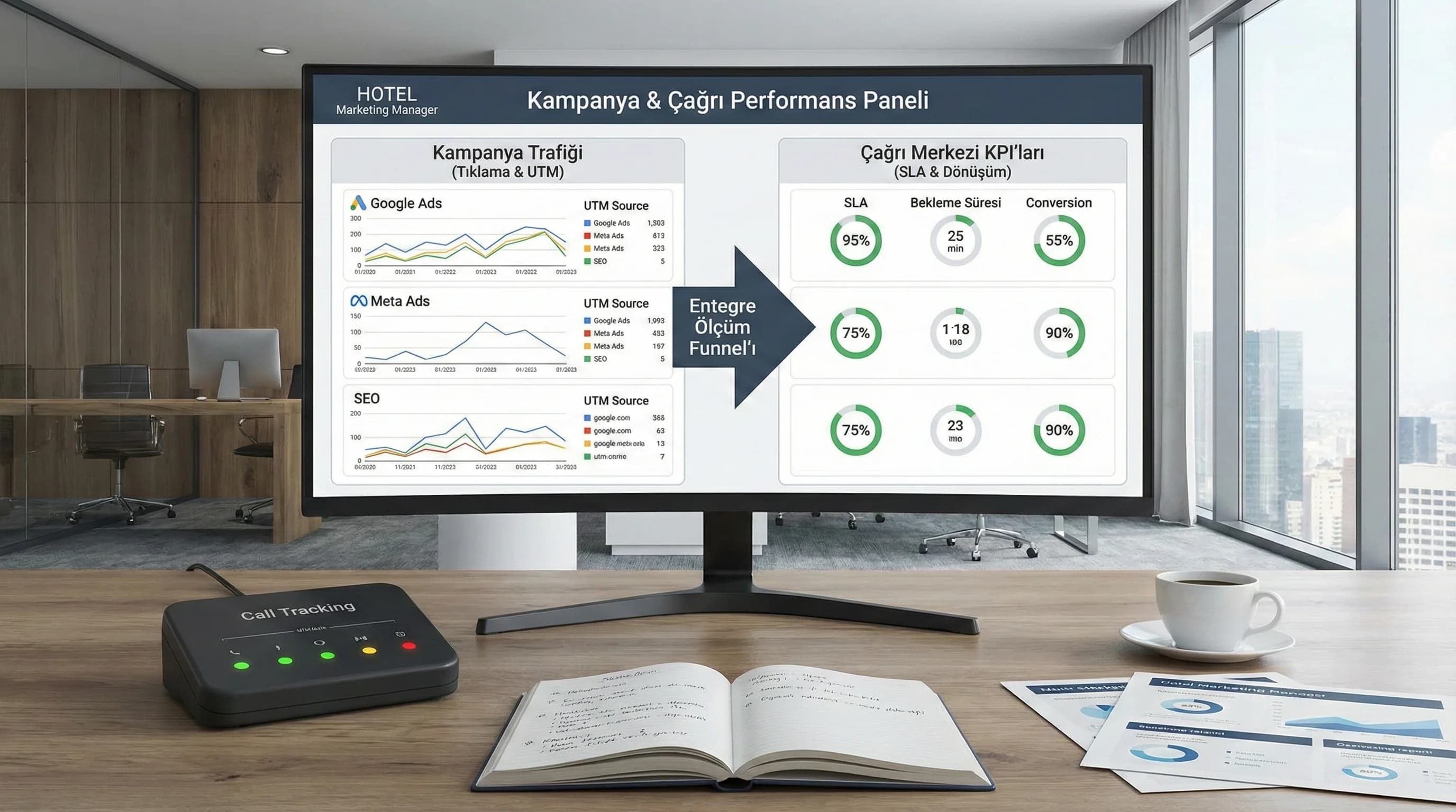 Kampanya çağrı rezervasyon funnel görseli, pazarlama ve call center tek panel bağlamı