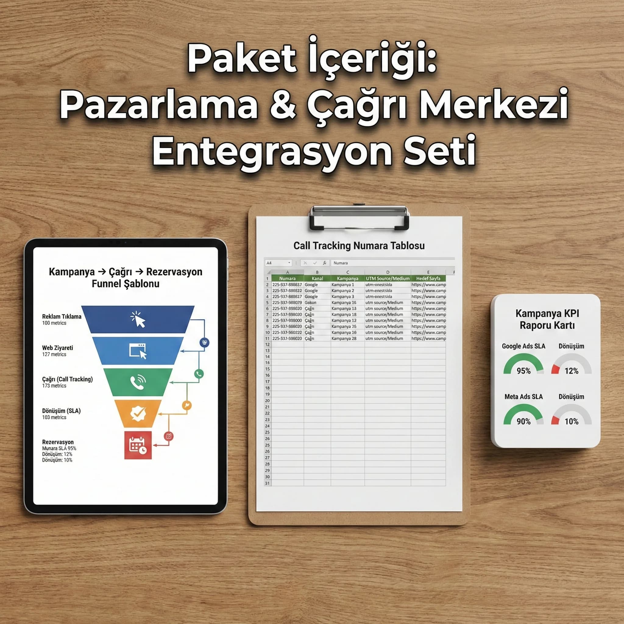 Funnel şablonu ve call tracking tablo çıktıları, kampanya raporu deliverables kartı