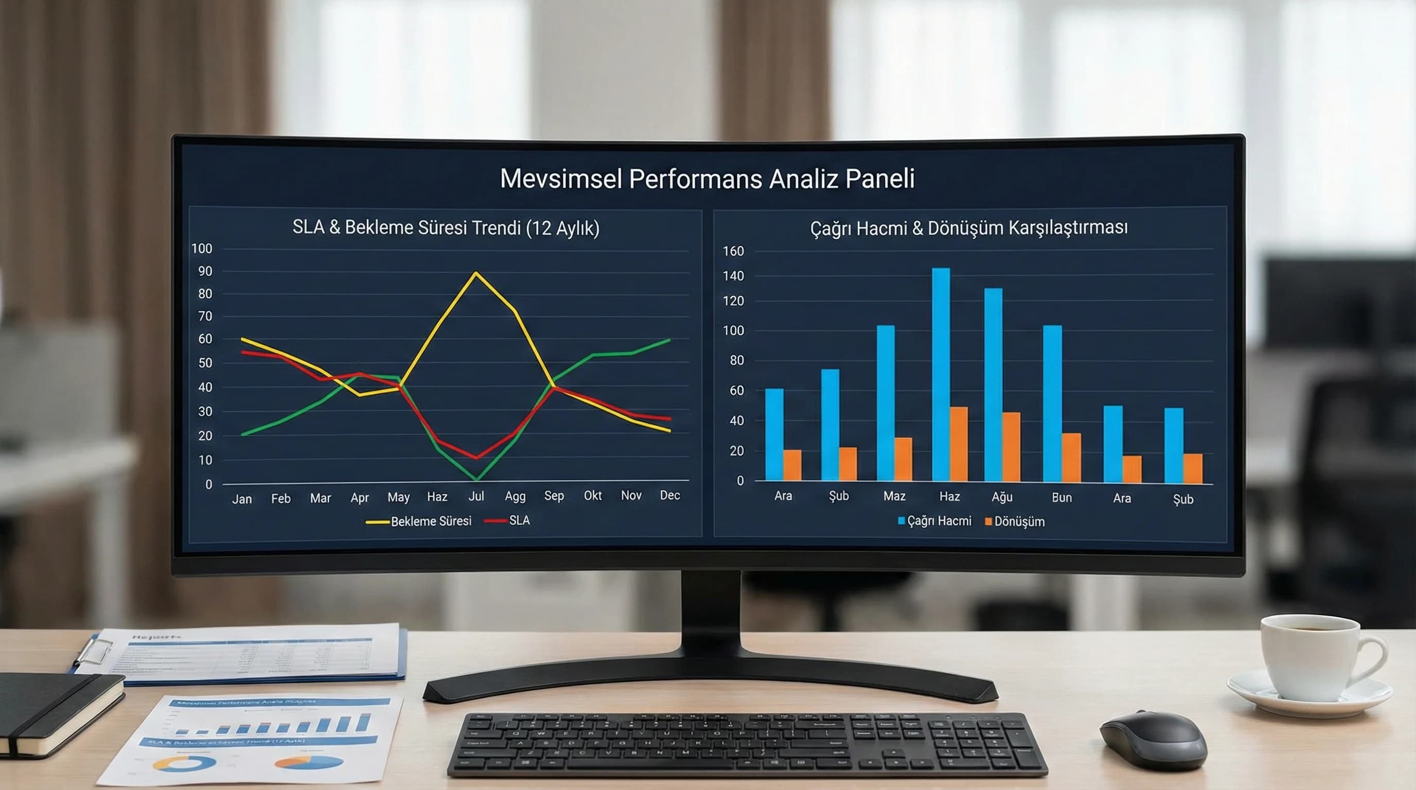 Yüksek ve düşük sezon KPI grafikleri, SLA call volume trend karşılaştırması