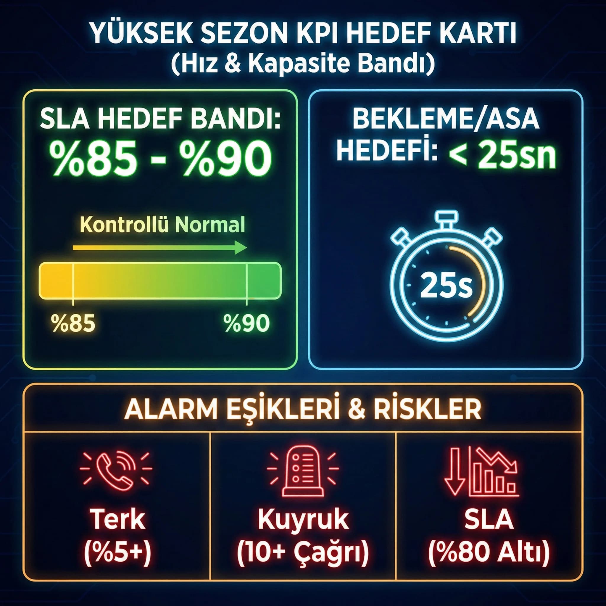 Yüksek sezon KPI hedef kartı, SLA bekleme terk bandı görselleştirmesi”