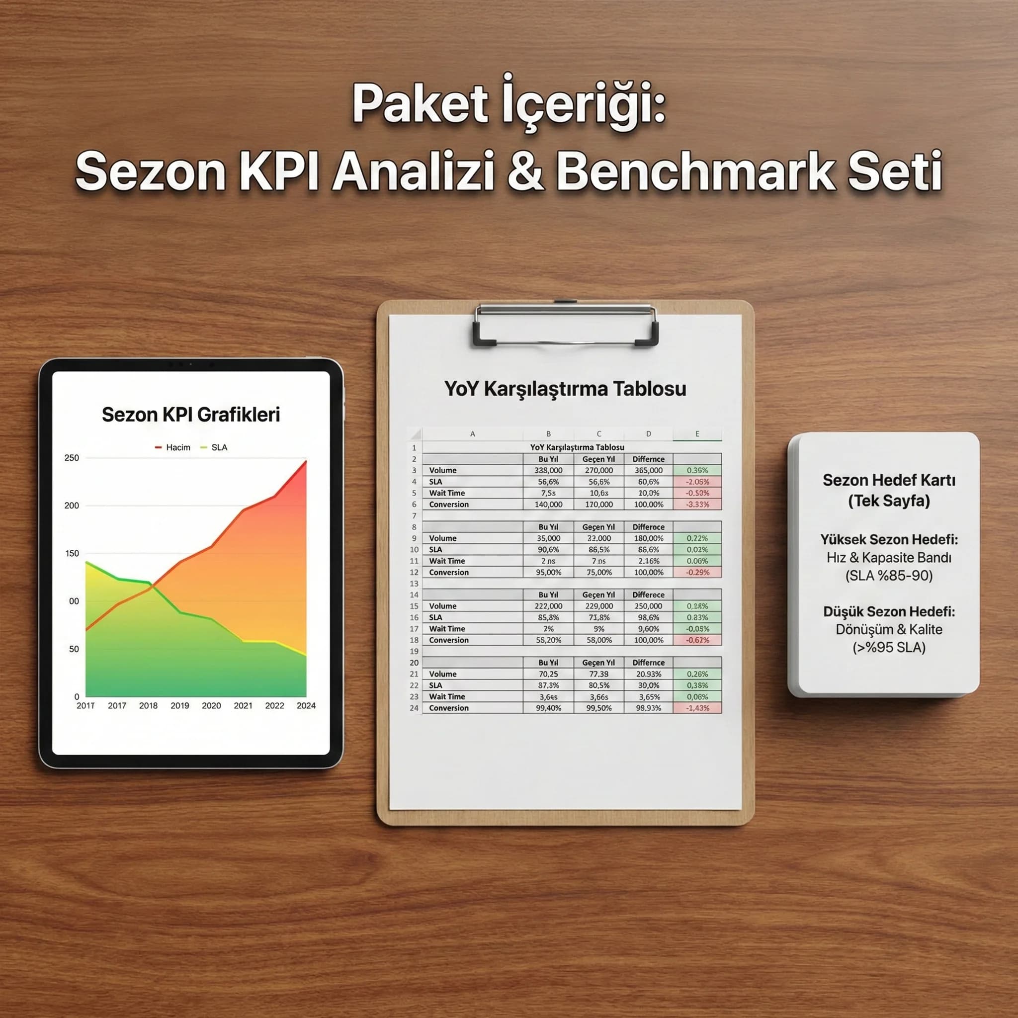Sezon KPI grafikleri ve hedef kartı çıktıları, benchmark deliverables kartı