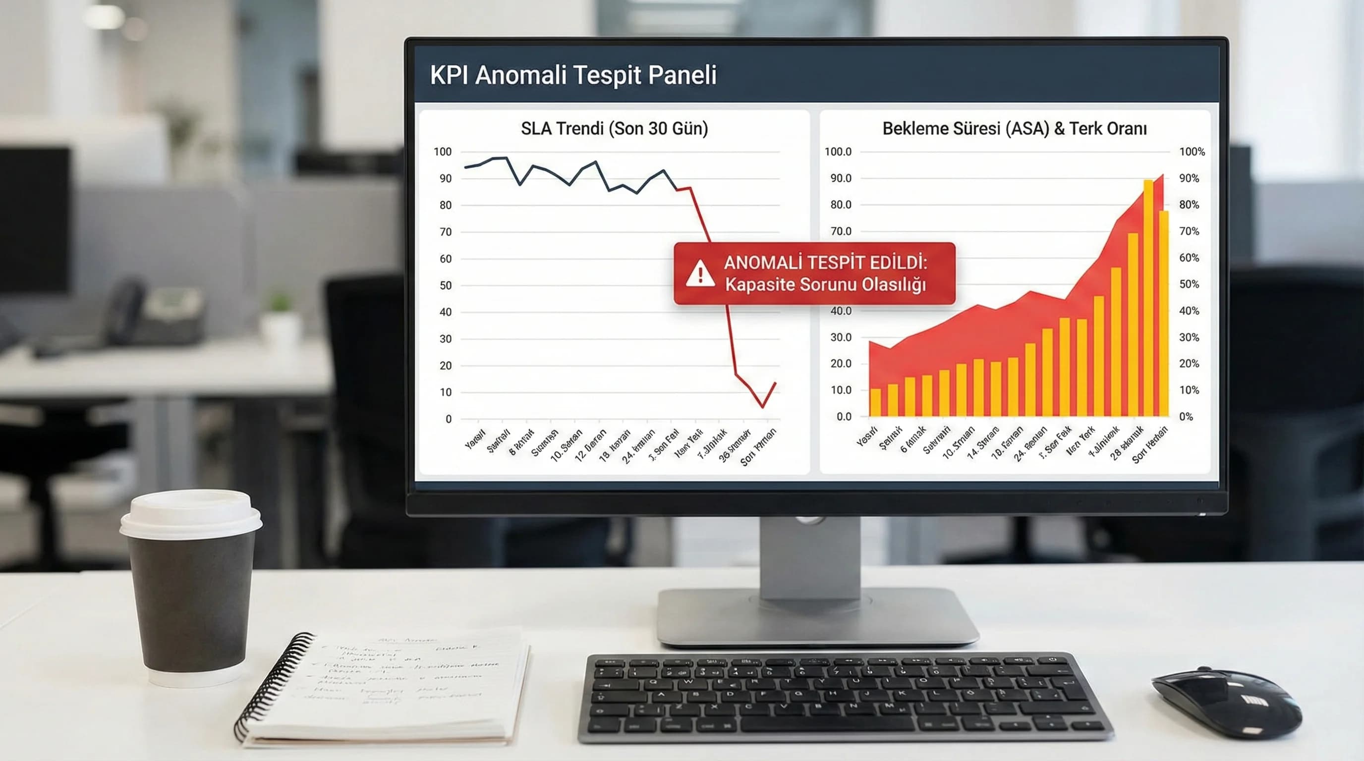 SLA düşüşü ve bekleme artışı trend grafikleri, çağrı merkezi hata sinyali