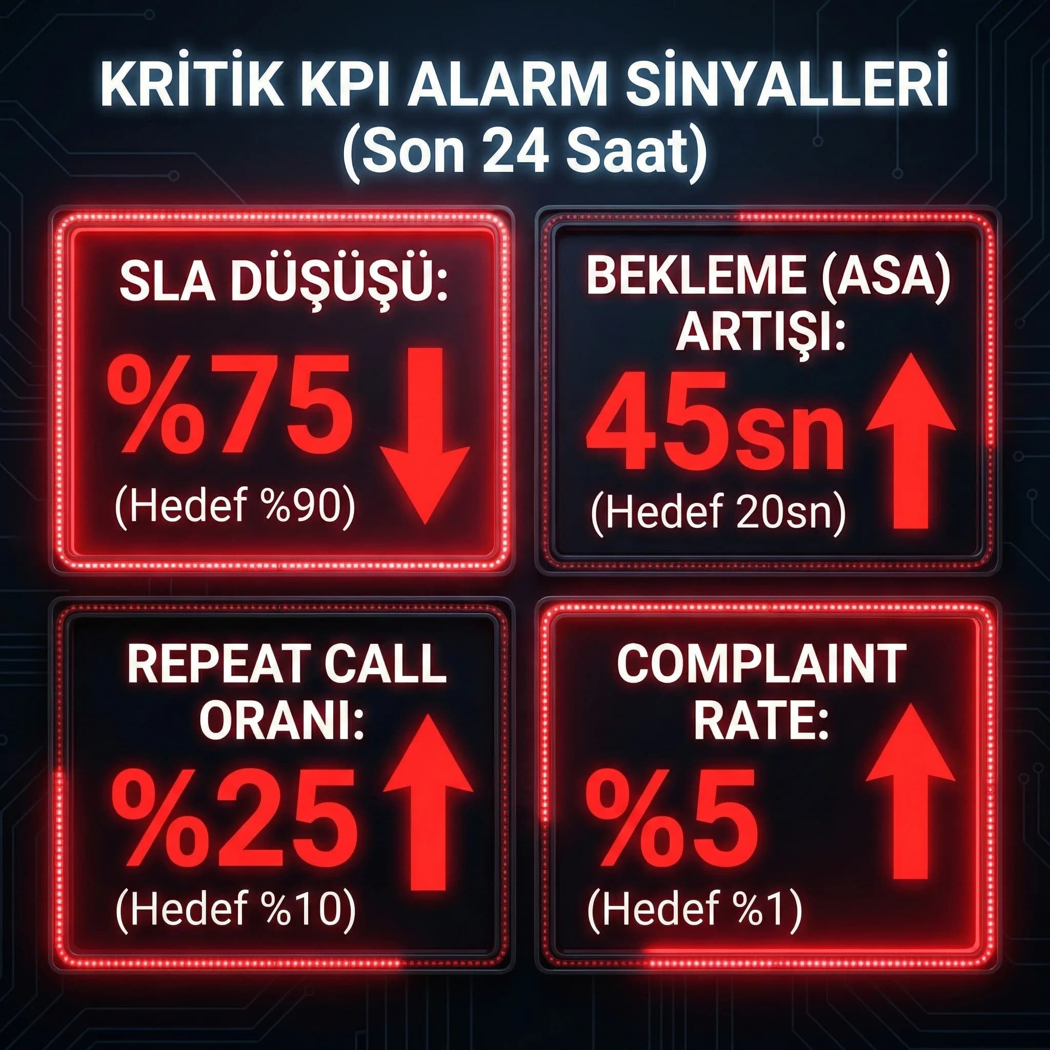 Alarm KPI seti kartı, SLA repeat call complaint rate dönüşüm sinyalleri