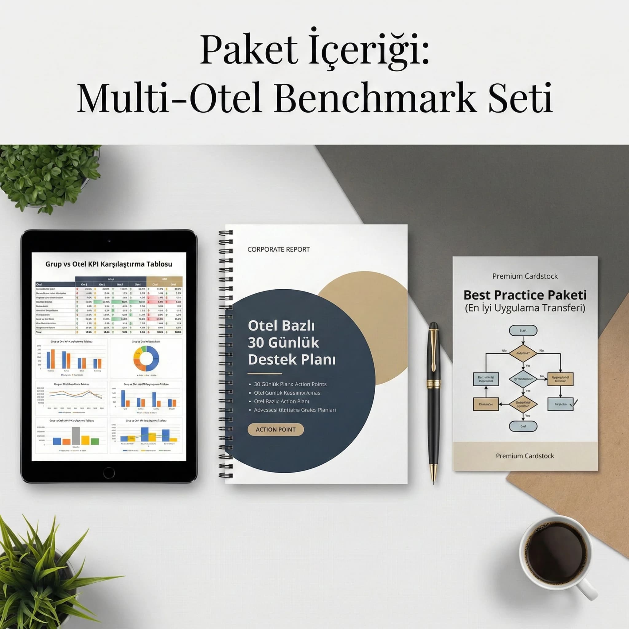 Best practice paketi ve otel bazlı hedef kartları çıktıları, grup benchmark deliverables
