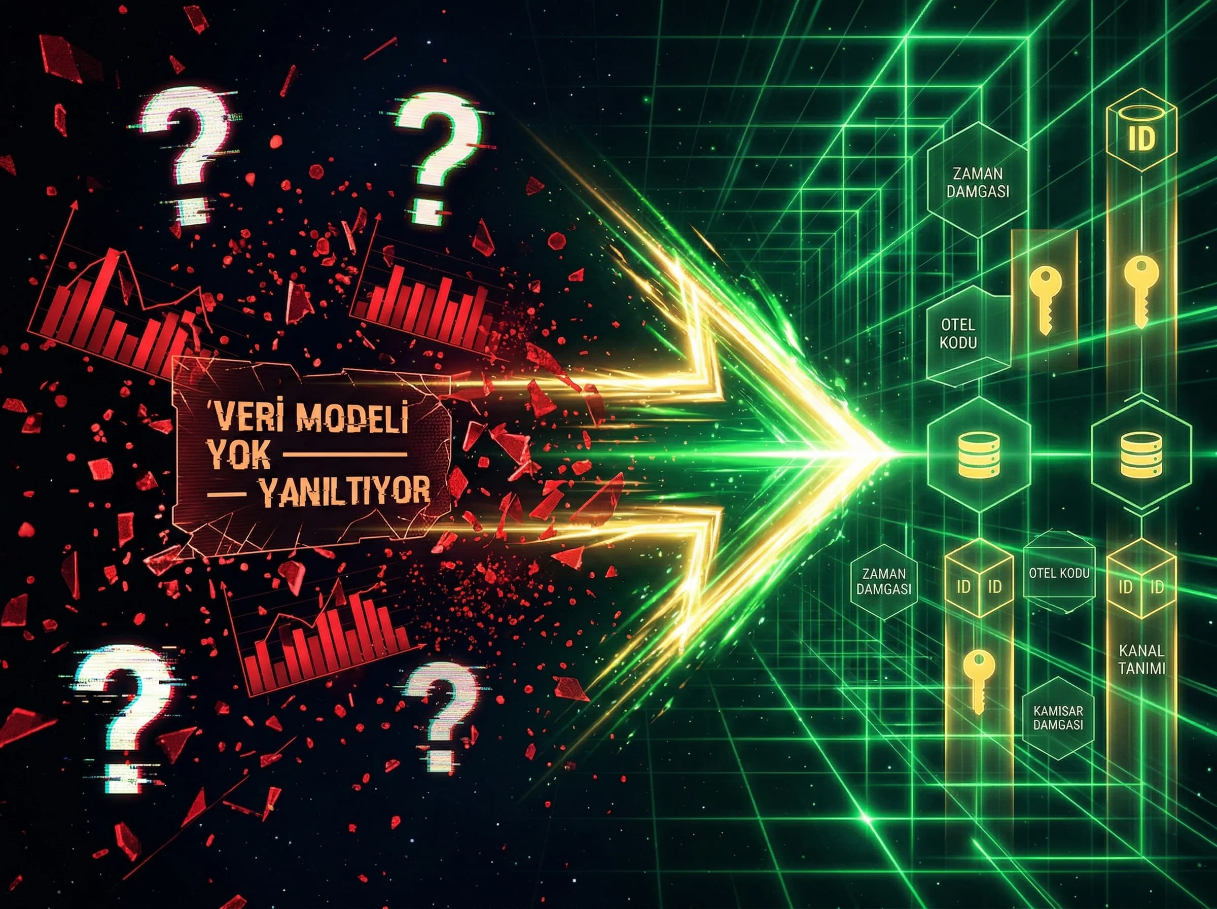 Veri modeli olmadan KPI yanıltır, ortak tanımlar ve ID’ler geçiş görseli