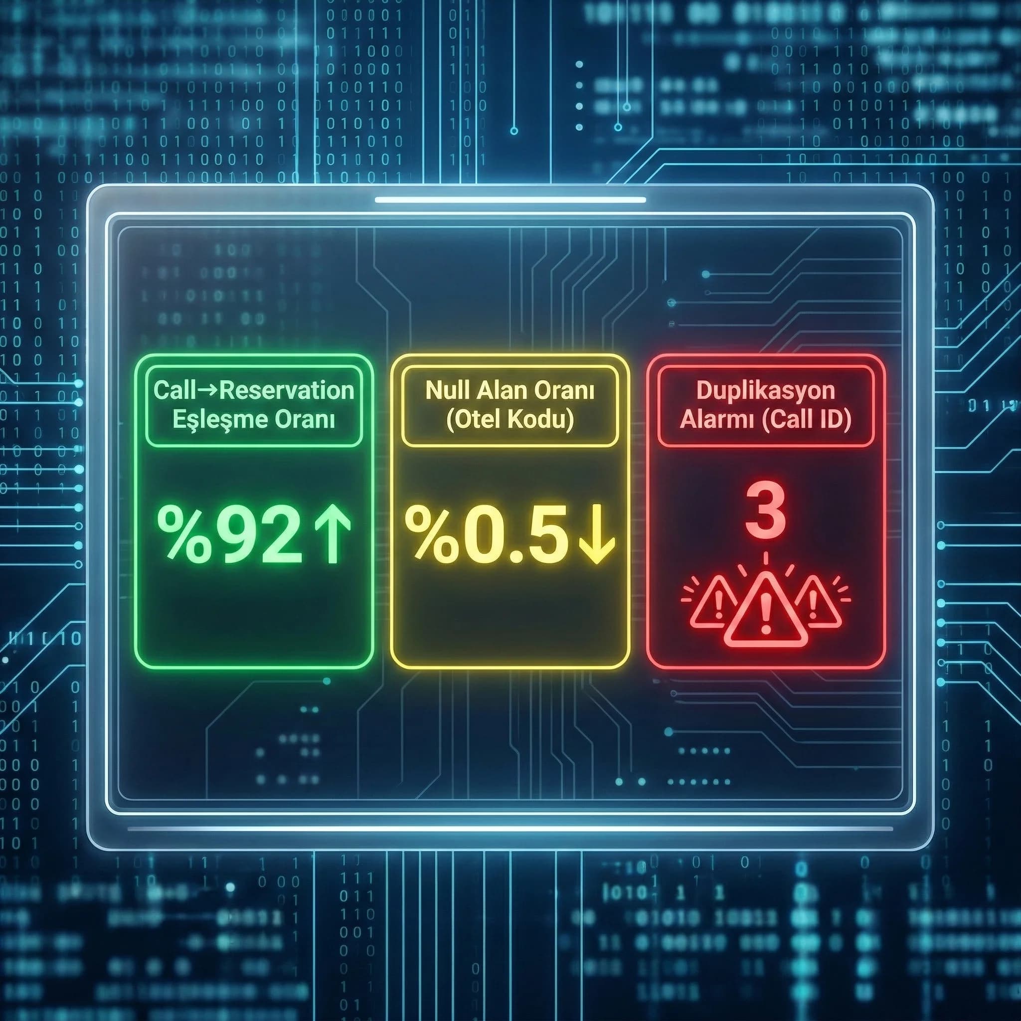 Veri kalitesi KPI kartları, eşleşme oranı ve duplikasyon alarmı paneli