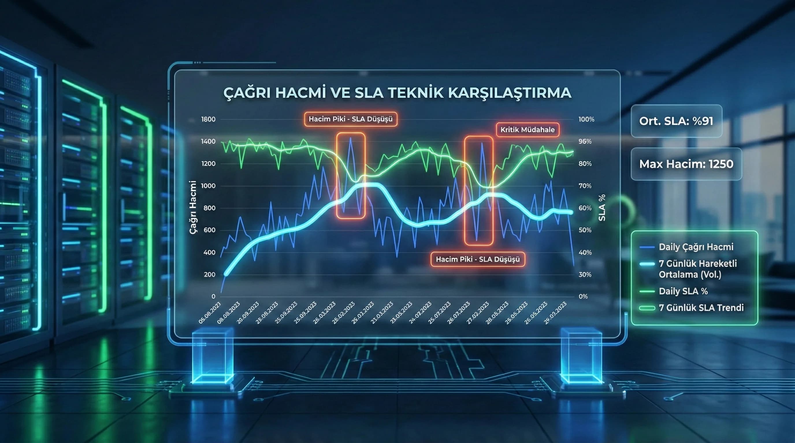 KPI trend ve hareketli ortalama grafiği, çağrı hacmi ve SLA birlikte okuma