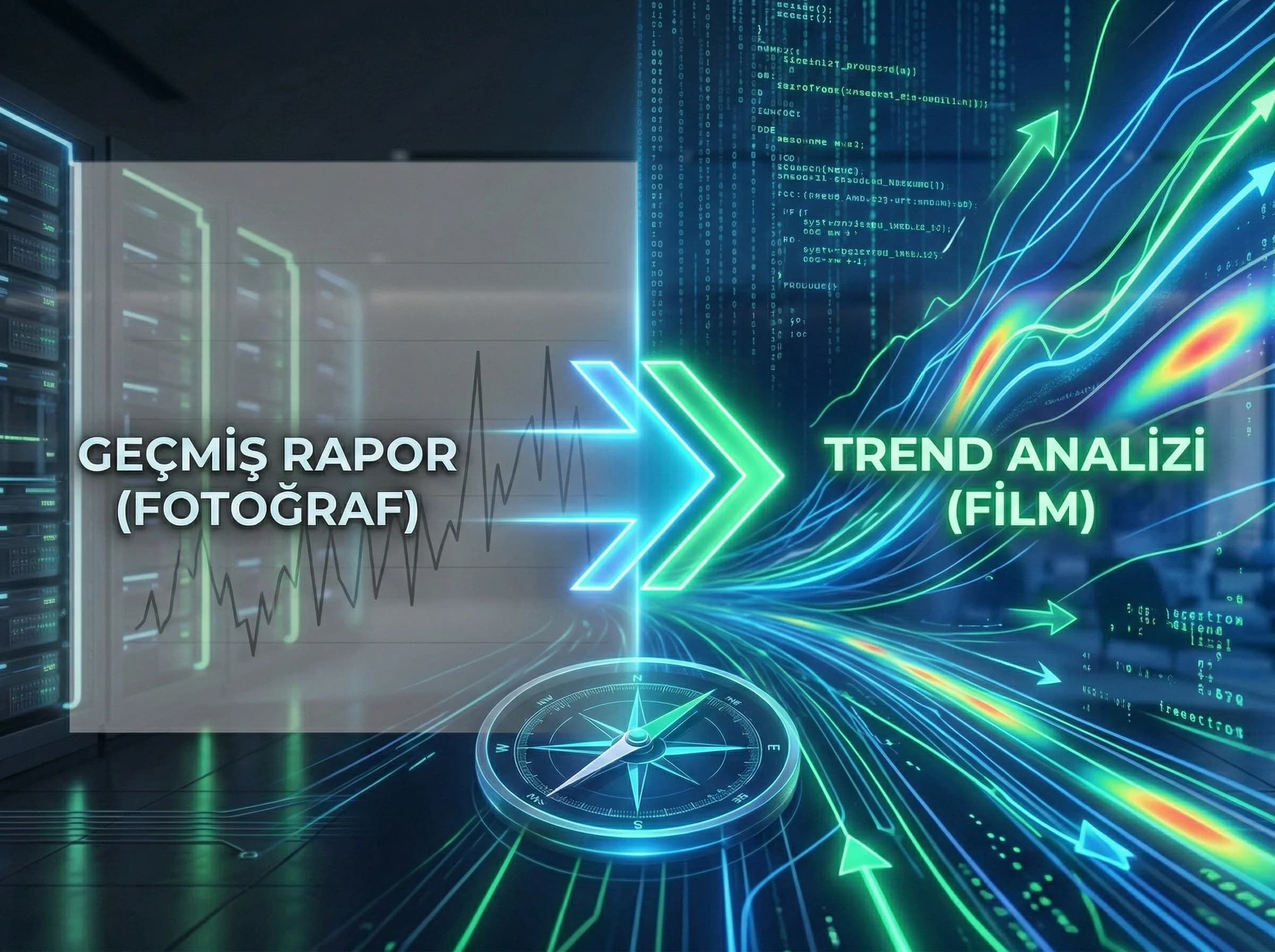 Geçmiş rapor ile trend analizi farkı, yön ve hız odaklı geçiş görseli