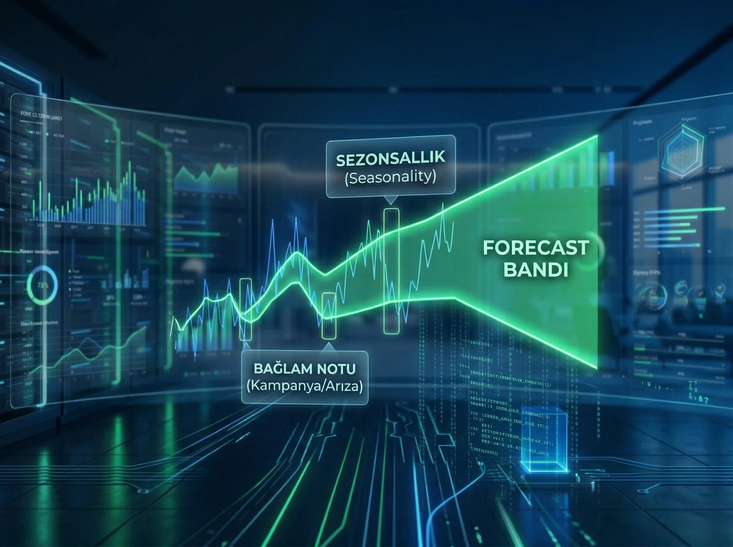 Forecast bandı ve sınırlar, sezonsallık ve bağlam notu geçiş görseli