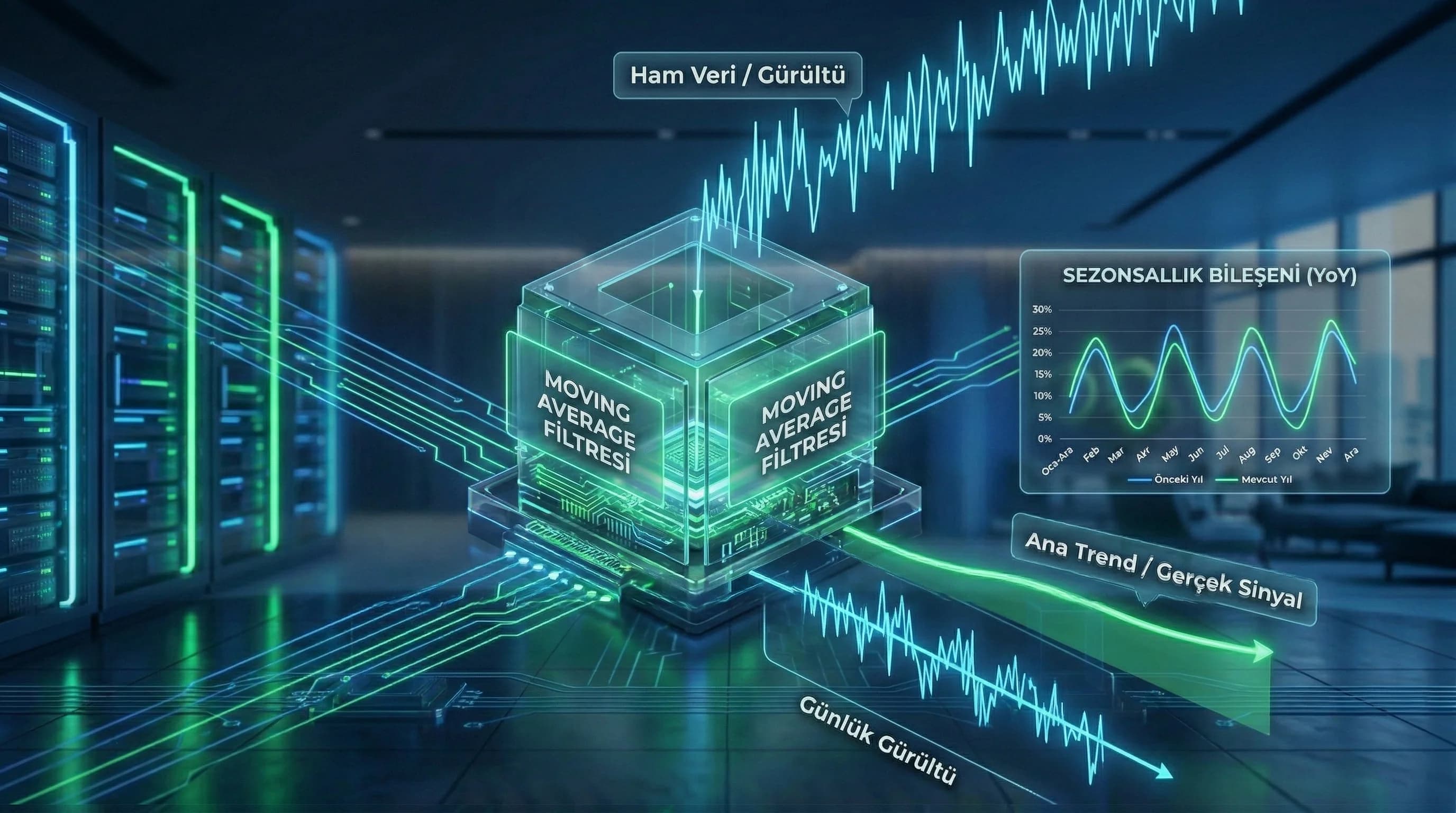 Trend ve sezonsallık bileşenleri şeması, moving average ile sinyal ayırma