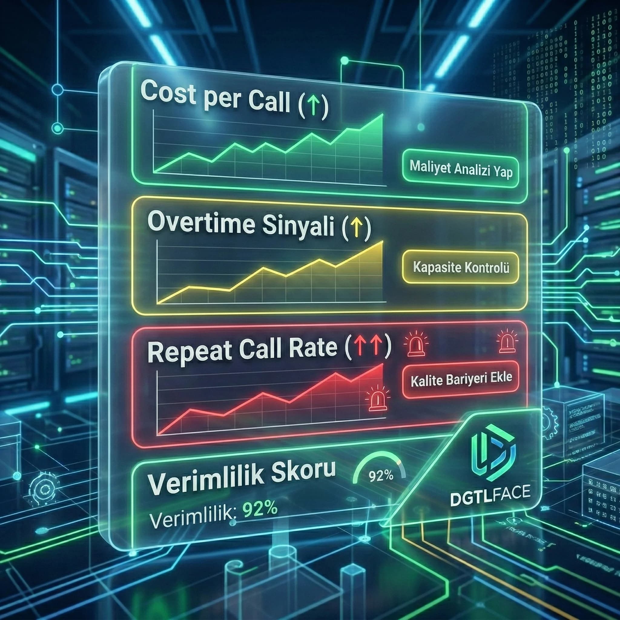 Cost per call ve overtime repeat call KPI kartı, maliyet tetikleyicileri paneli