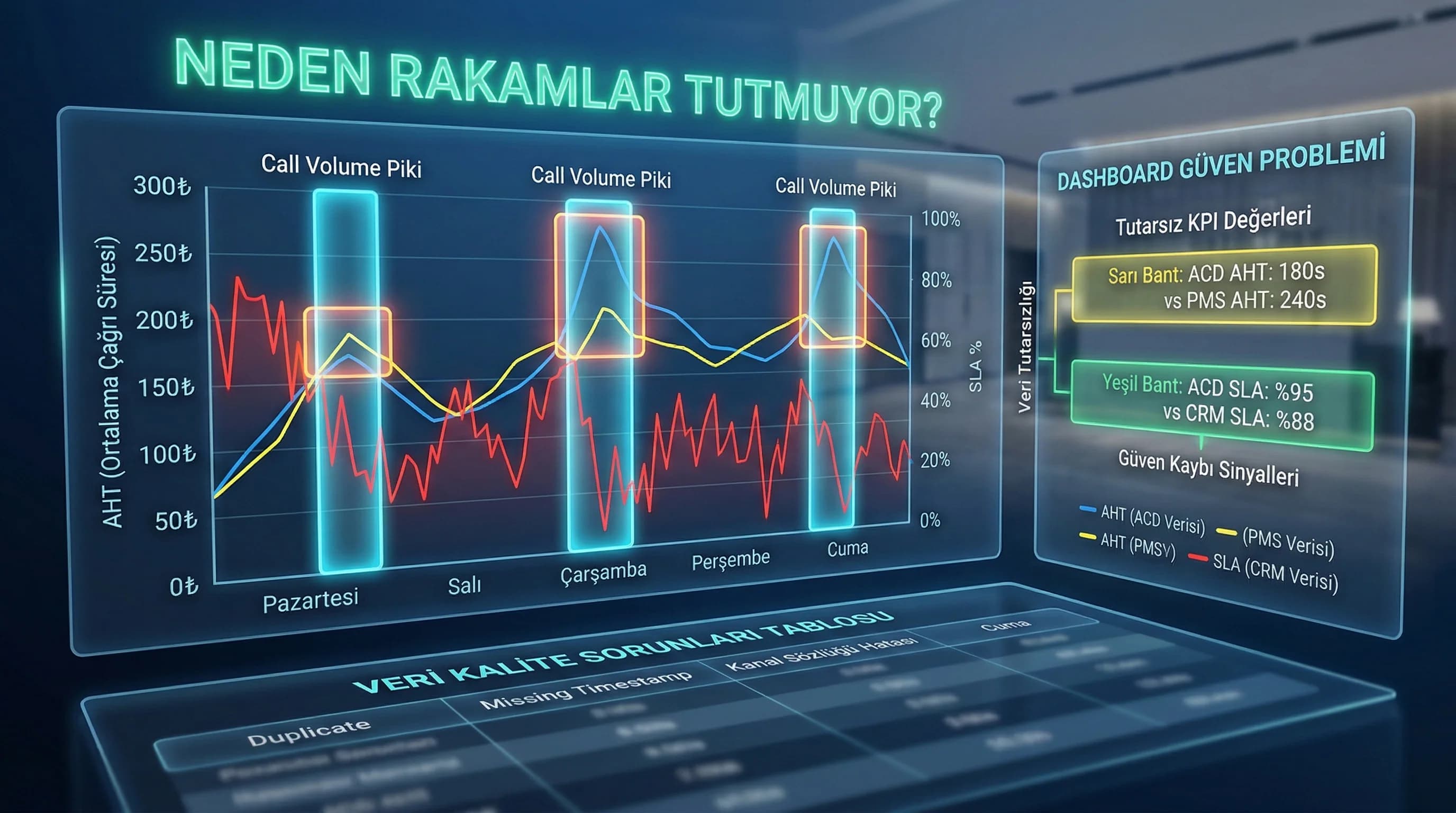 Veri kalite sorunları ve KPI tutarsızlığı görünümü, dashboard güven problemi bağlamı