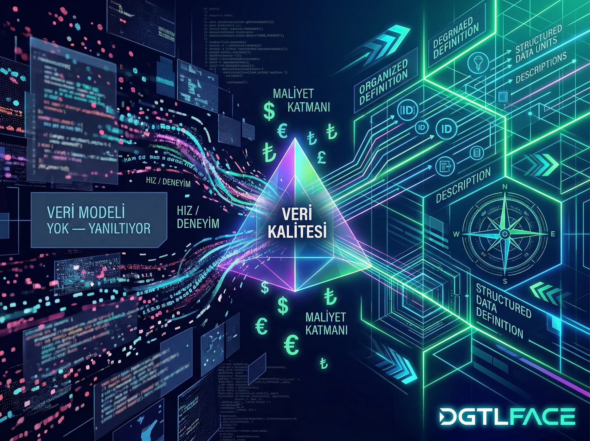 Veri kalitesi boyutları doğruluk tamlık tutarlılık, KPI güveni geçiş görseli