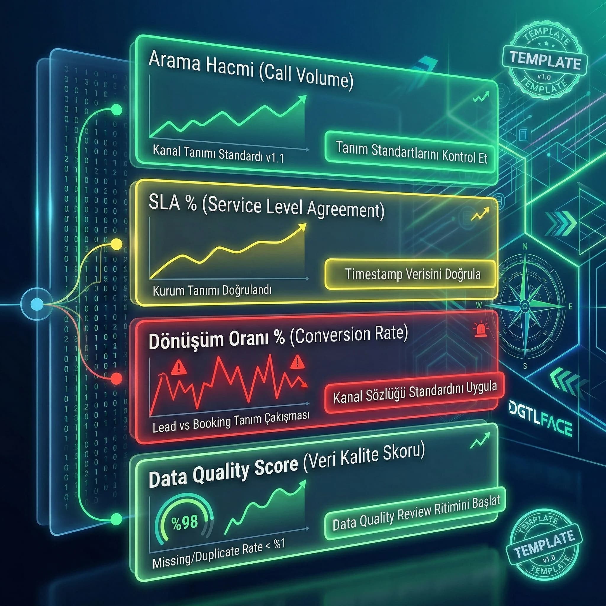 KPI definition catalog örnek sayfa, SLA ve conversion tanımı görünümü