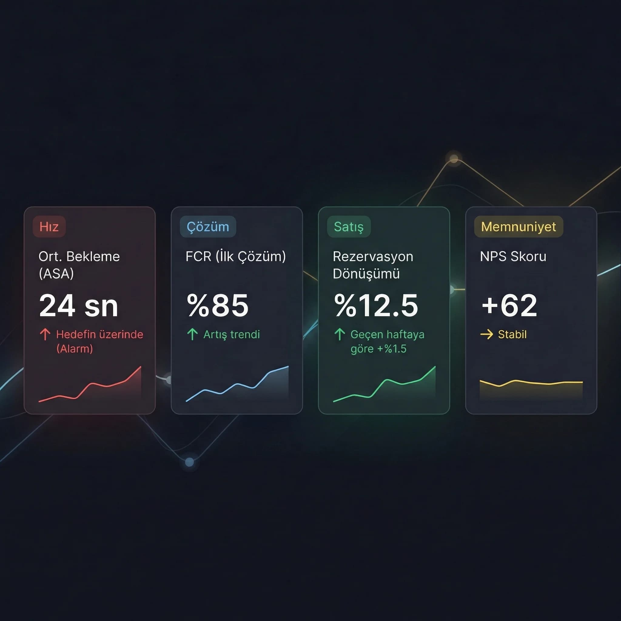 Modül bazlı KPI kart örnekleri, hız FCR dönüşüm ve NPS panel görünümü