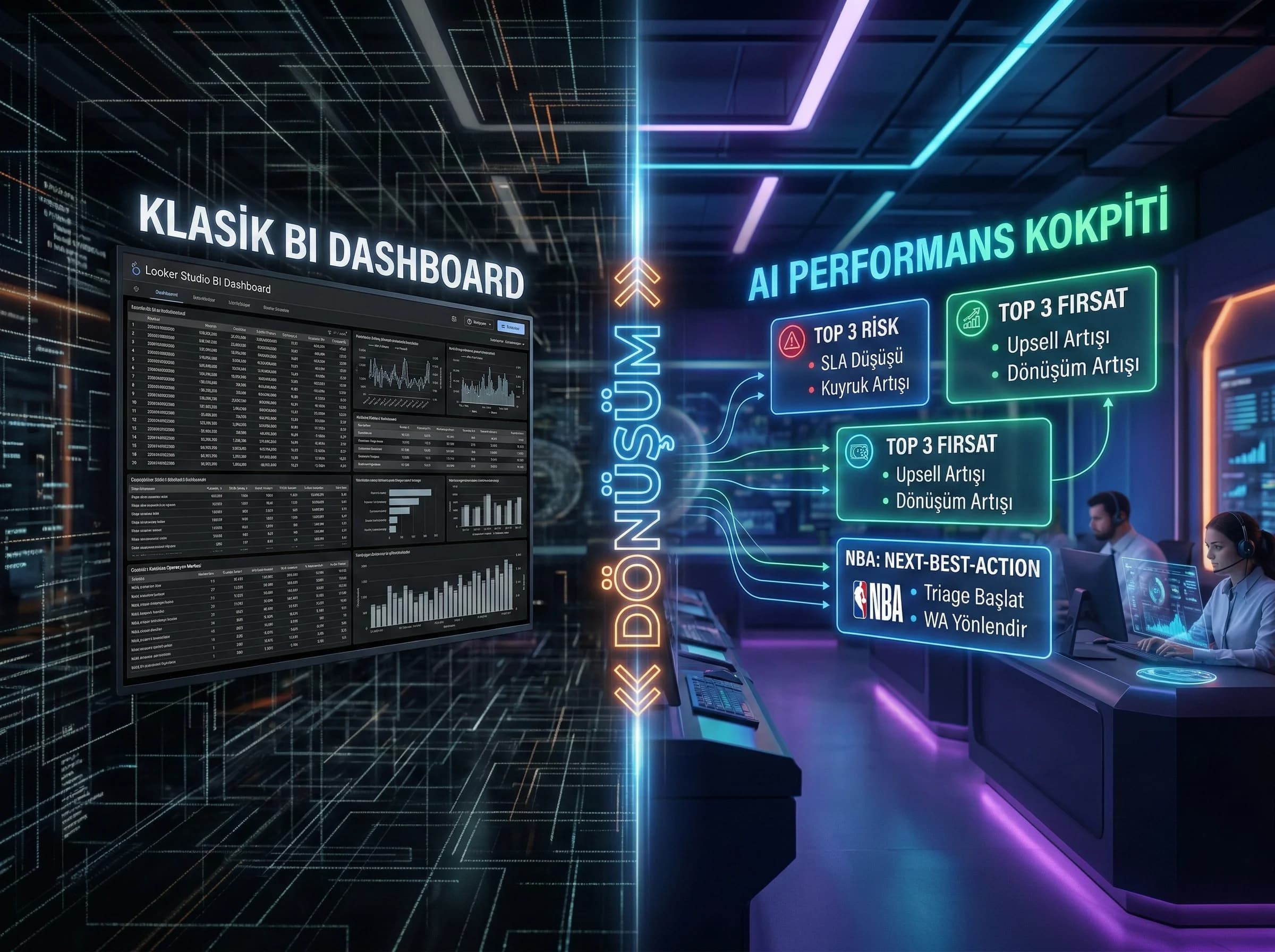 Dashboarddan copilot dönüşümü, AI özet ve öneri katmanı geçiş görseli”
