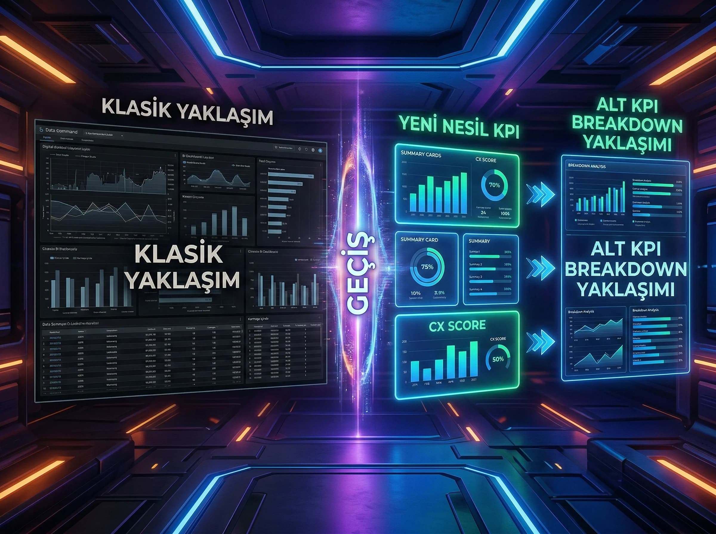 Tek skor ve alt KPI breakdown yaklaşımı, yönetim sunumu geçiş görseli