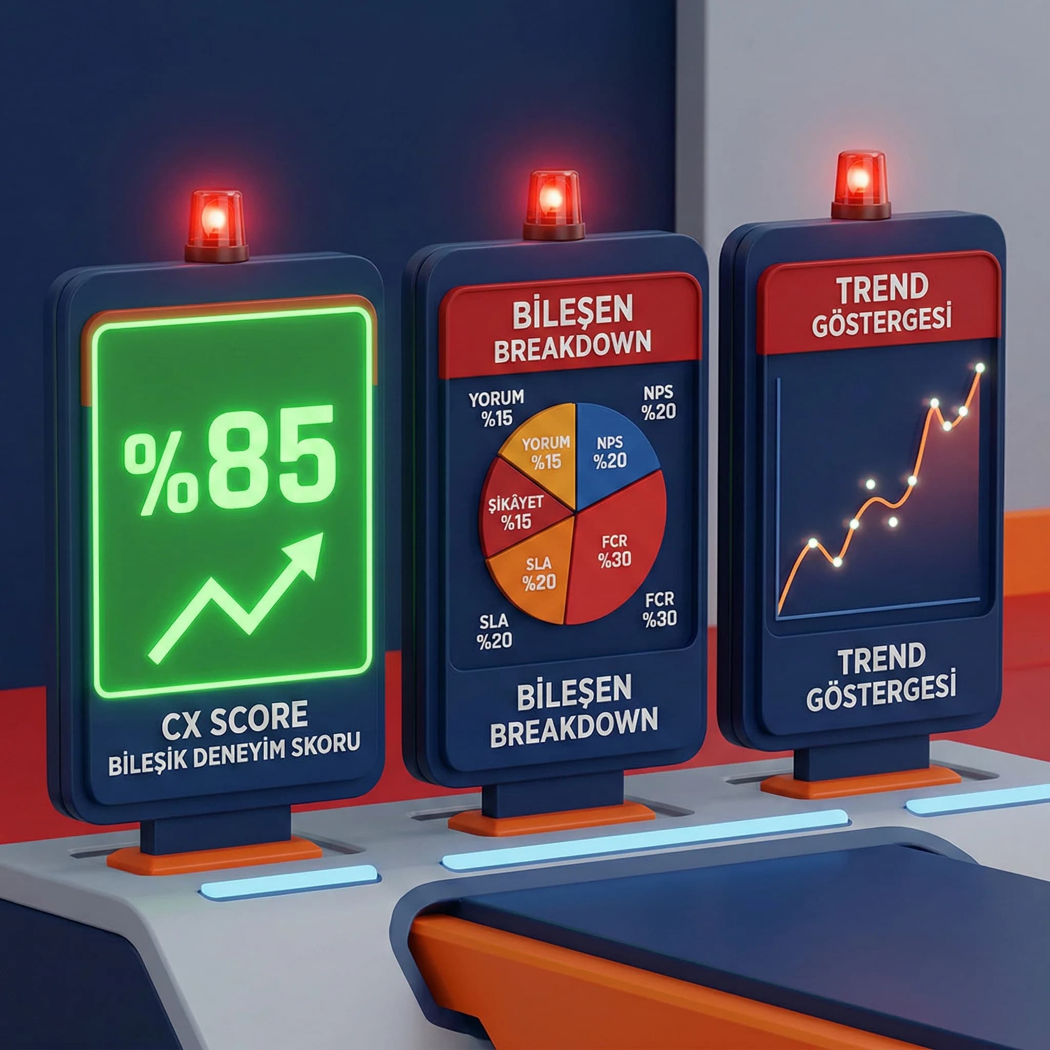 CX Score örnek kartı, bileşen breakdown ve trend göstergesi paneli