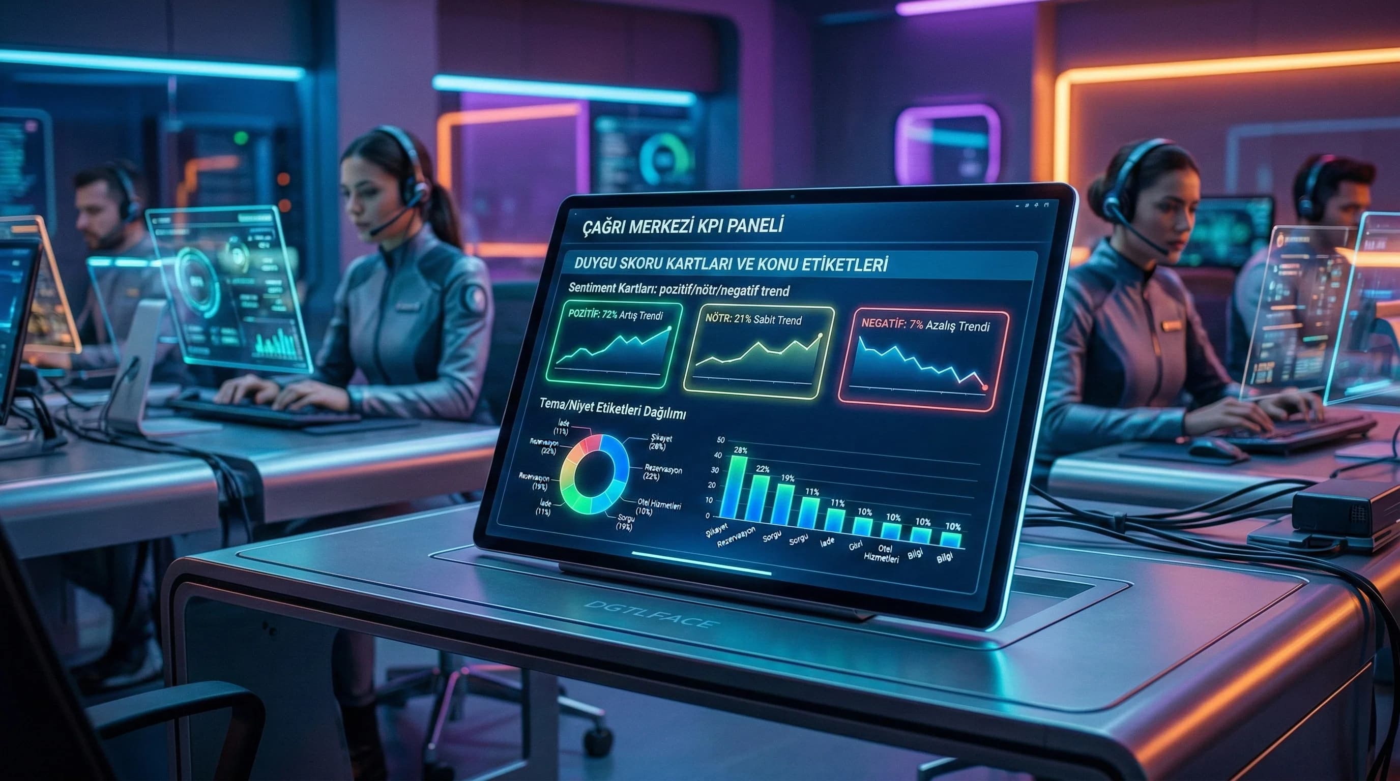 Duygu skoru kartları ve konu etiketleri, çağrı merkezi KPI paneli mockup görünümü