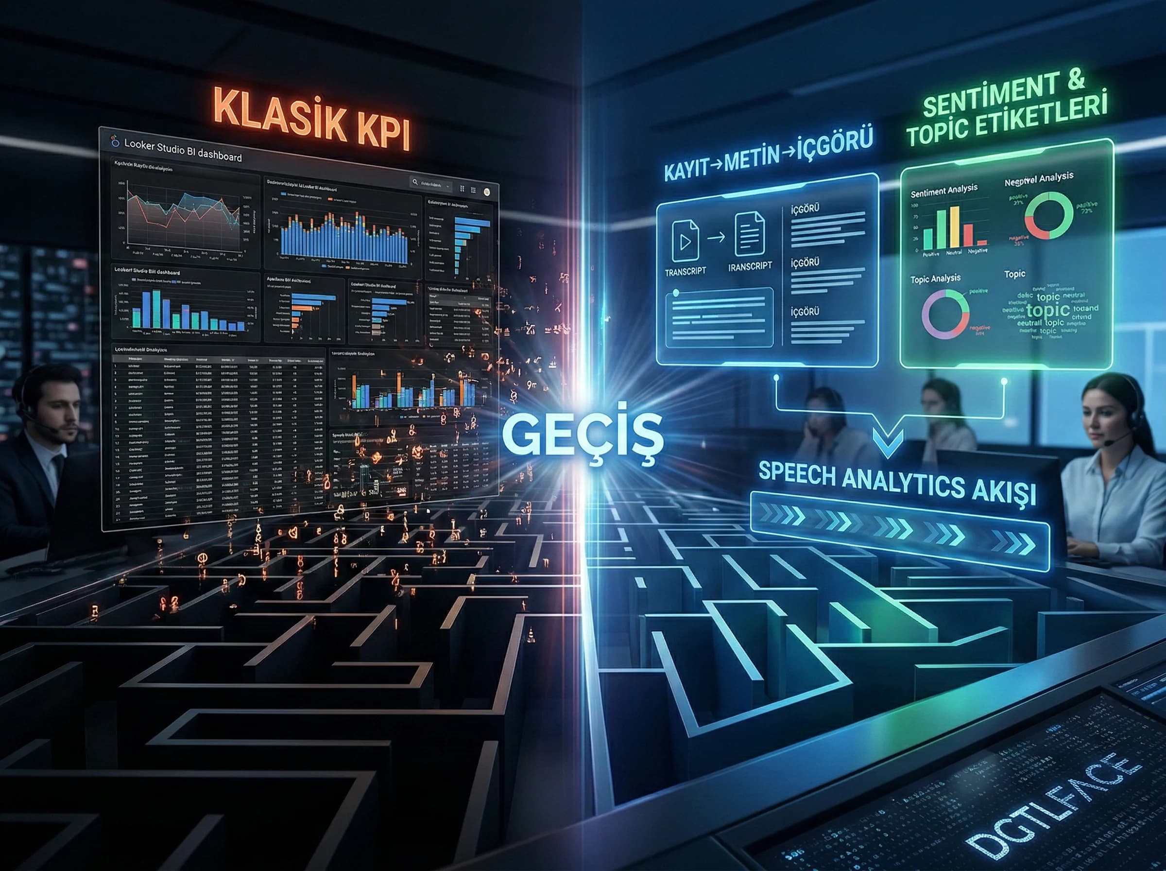 Kayıt metin etiket içgörü akışı, speech analytics geçiş görseli