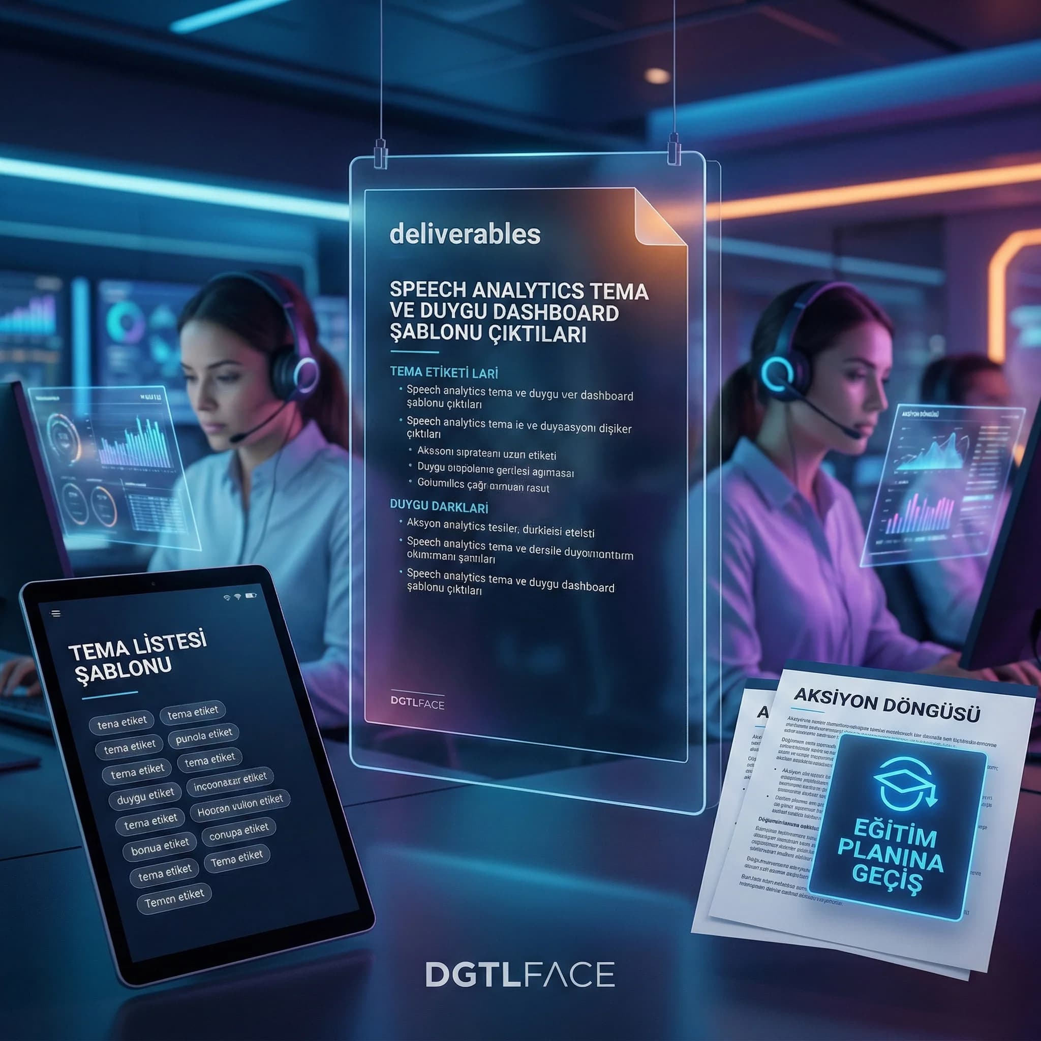 Speech analytics tema ve duygu dashboard şablonu çıktıları, ekip deliverables