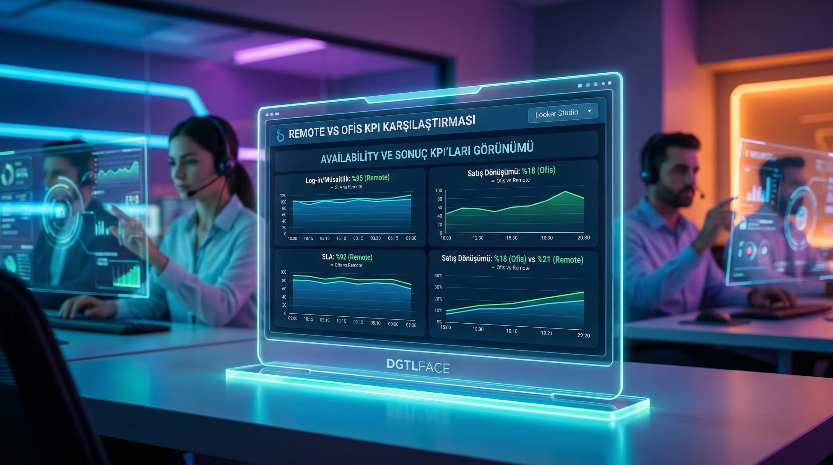 Remote ve ofis KPI karşılaştırma grafiği, availability ve sonuç KPI’ları görünümü