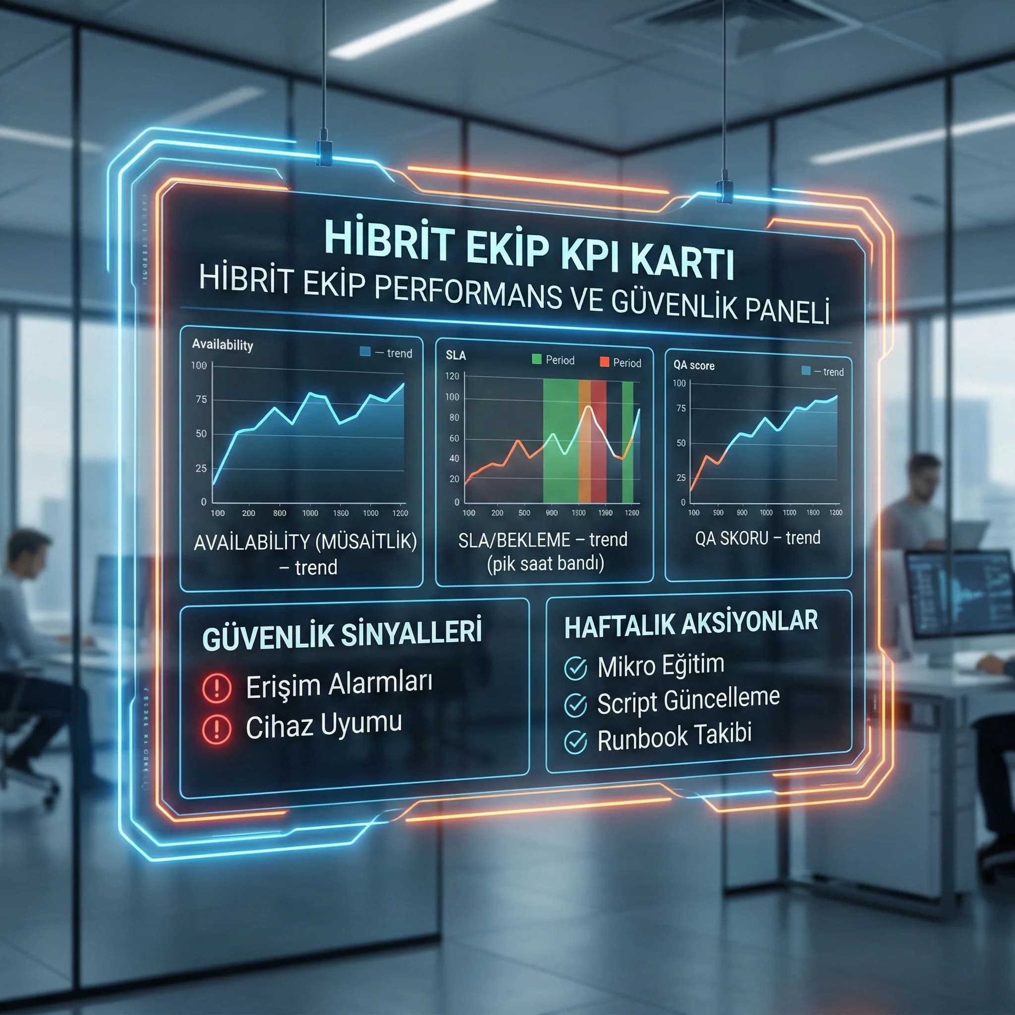 Hibrit ekip KPI kartı, availability SLA QA ve güvenlik sinyalleri panel