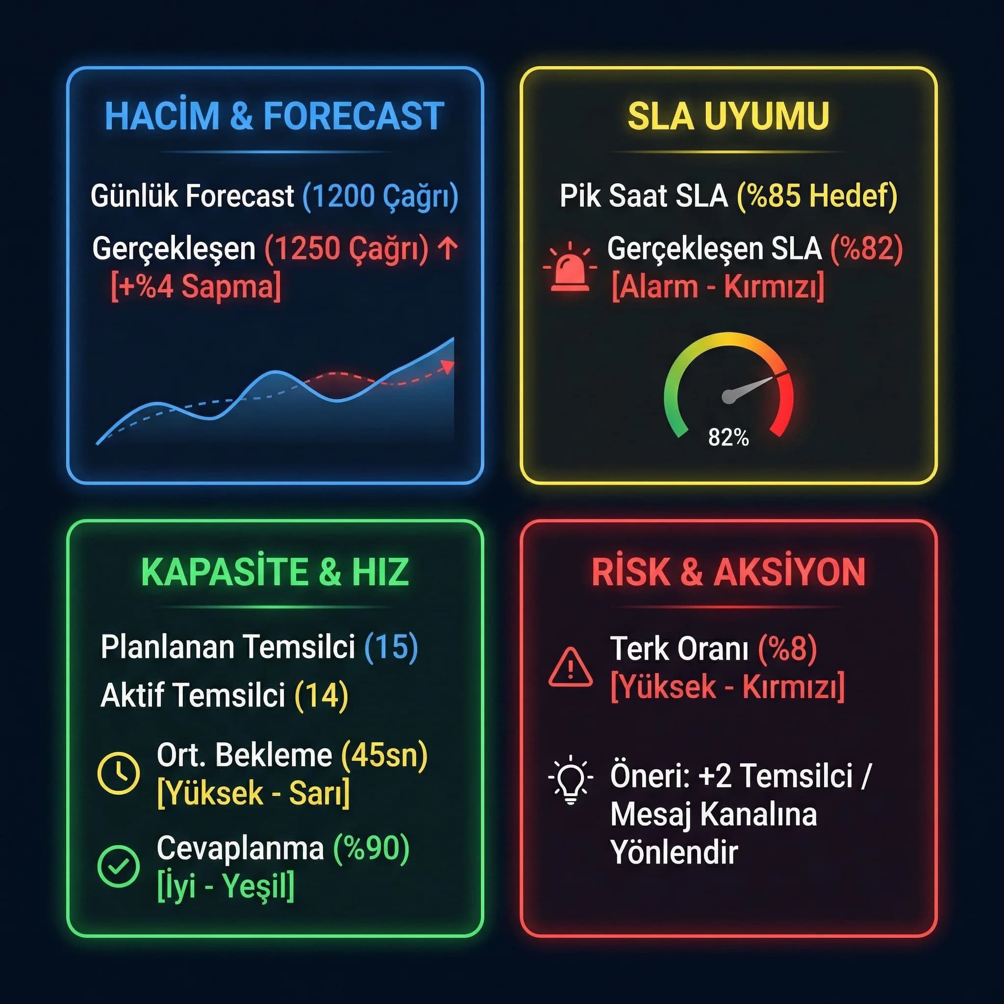 Hacim SLA cevaplanma ve bekleme KPI kartları, kapasite karar paneli