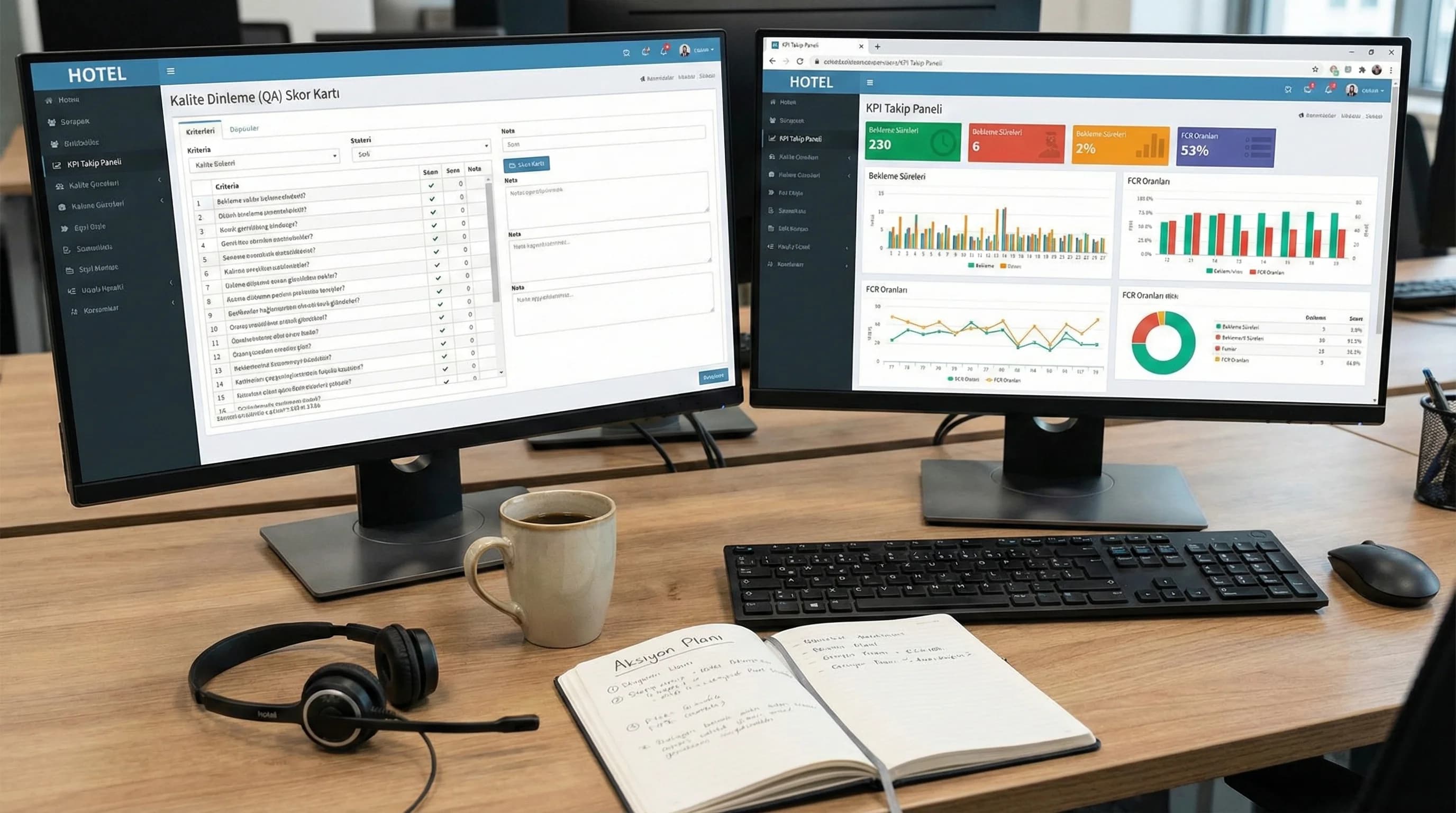 QA skor kartı ve KPI paneli birlikte okuma, otel çağrı merkezi operasyon bağlamı