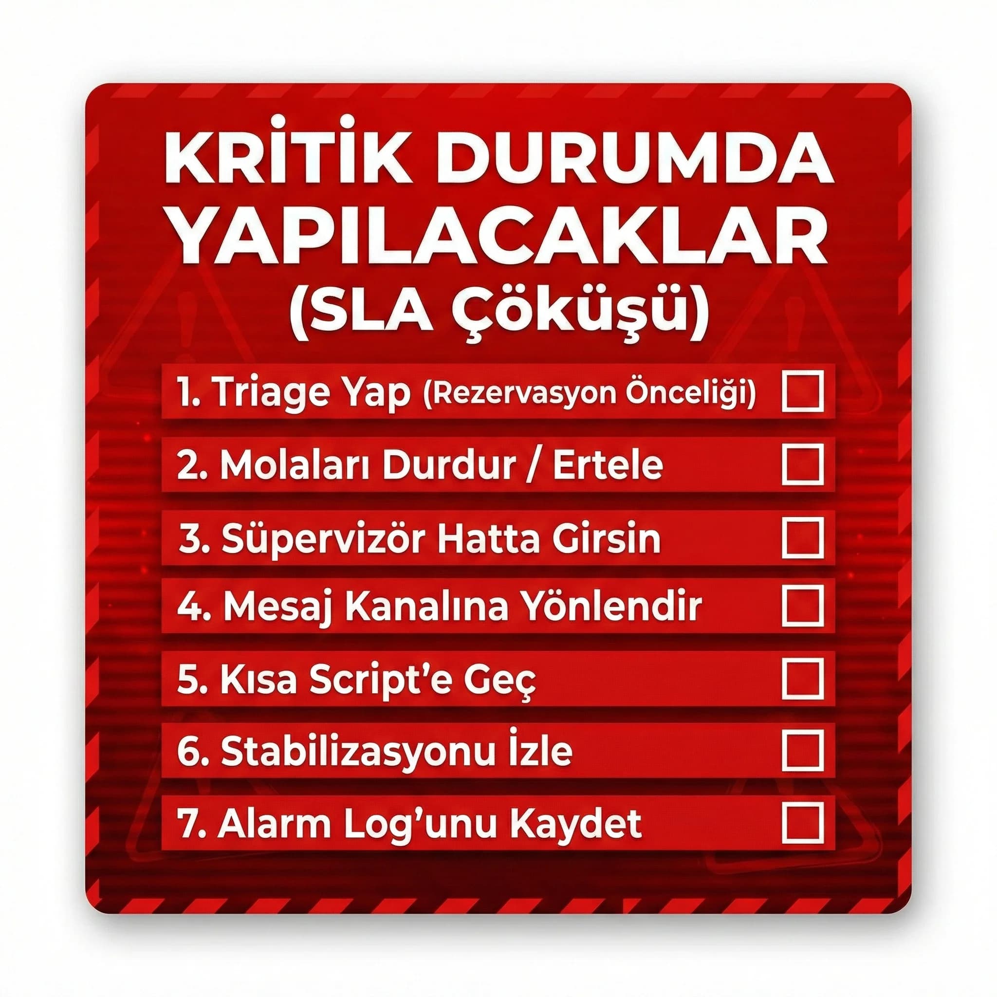 Kritik durumda yapılacaklar checklist’i, wallboard alarm aksiyon çerçevesi