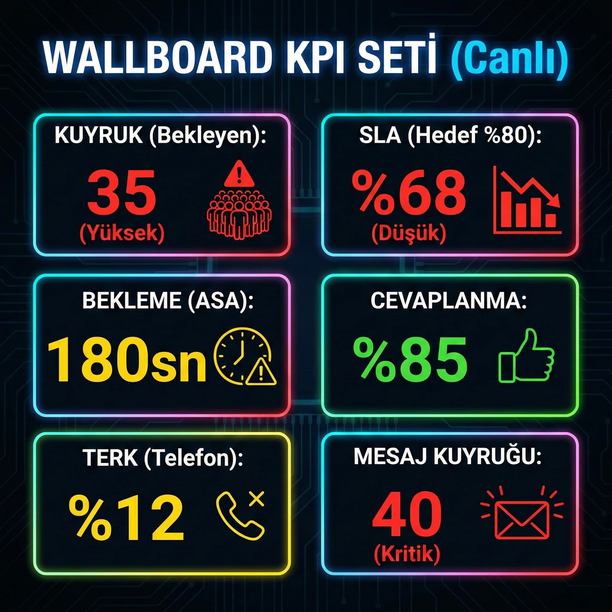 Wallboard KPI kartları, kuyruk SLA bekleme cevaplanma mesaj kuyruğu