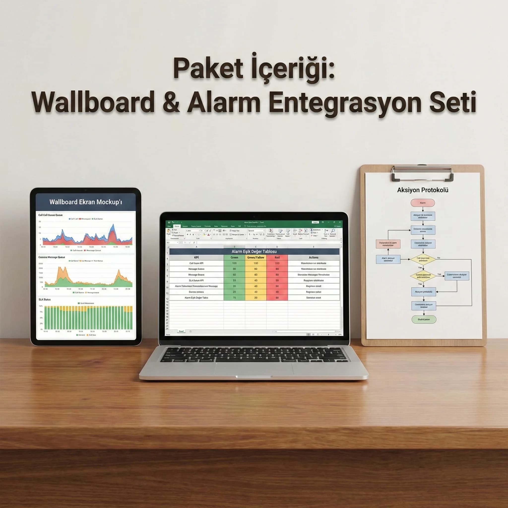 Wallboard mockup ve alarm eşik tablosu çıktıları, operasyon deliverables kartı